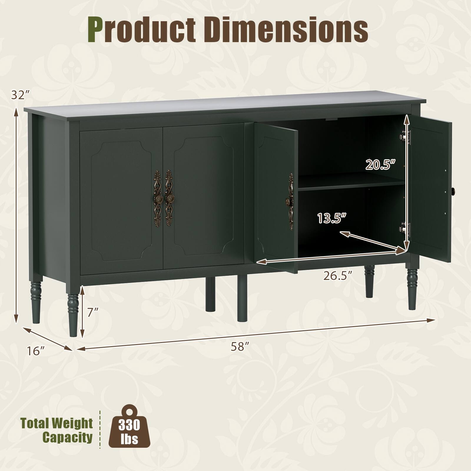 Product Dimensions
- Height: 32"
- Width: 58"
- Depth: 20.5"
- Shelf Height: 13.5"
- Shelf Depth: 26.5"
- Leg Width: 16"
- Leg Height: 7"

Total Weight Capacity: 330 lbs