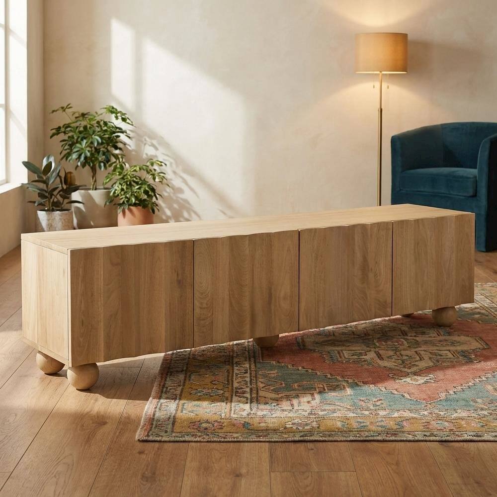 Angle. FurniFact - Scalloped Wood TV Stand in Warm Finish with Open Storage Compartments - Brown.