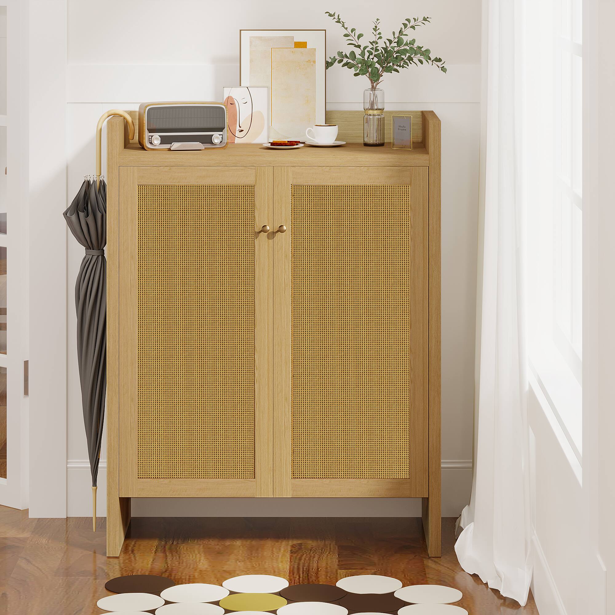 Back. Z-Edge - Shoe Cabinet with Rattan Doors, 6-Tier Shoe Storage Cabinet with Adjustable Shelves, Freestanding Shoe Rack for Hallway - Natural.
