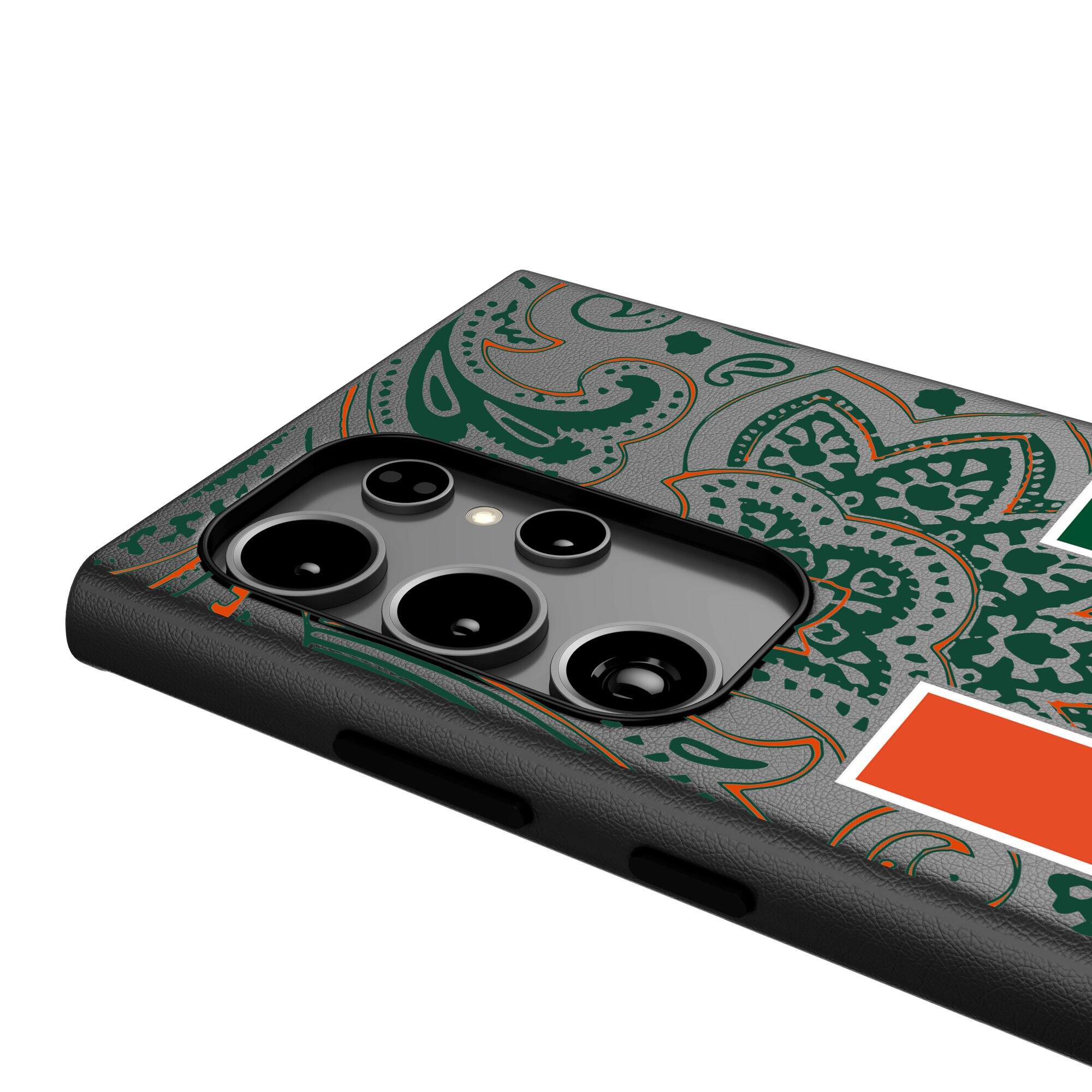 Alt View 3. Keyscaper - Miami Hurricanes Paisley Galaxy Magnetic Bump Case - S24 - Black.