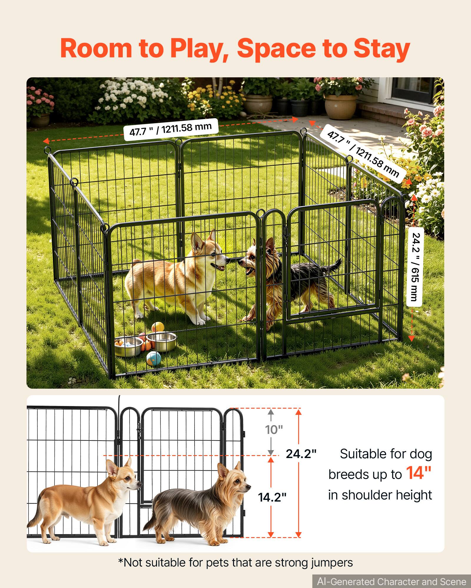Room to Play, Space to Stay

47.7" / 1211.58 mm

24.2" / 615 mm

Suitable for dog breeds up to 14" in shoulder height

*Not suitable for pets that are strong jumpers

AI-Generated Character and Scene