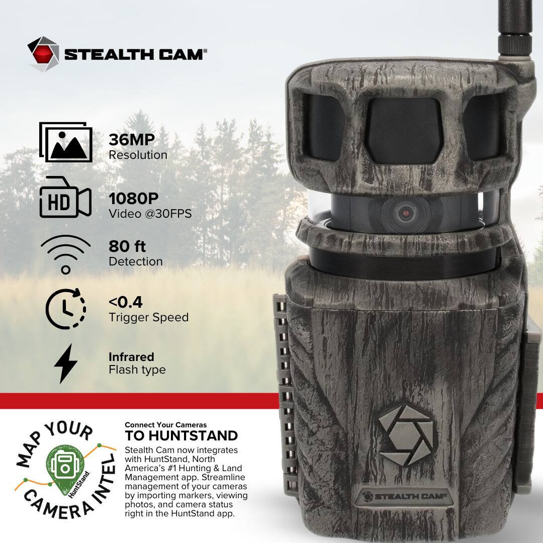 STEALTH CAM

- 36MP Resolution
- 1080P Video @30FPS
- 80 ft Detection
- <0.4 Trigger Speed
- Infrared Flash type

Connect Your Cameras TO HUNTSTAND

Stealth Cam now integrates with HuntStand, North America's #1 Hunting & Land Management app. Streamline management of your cameras by importing markers, viewing photos, and camera status right in the HuntStand app.

MAP YOUR CAMERA INTEL