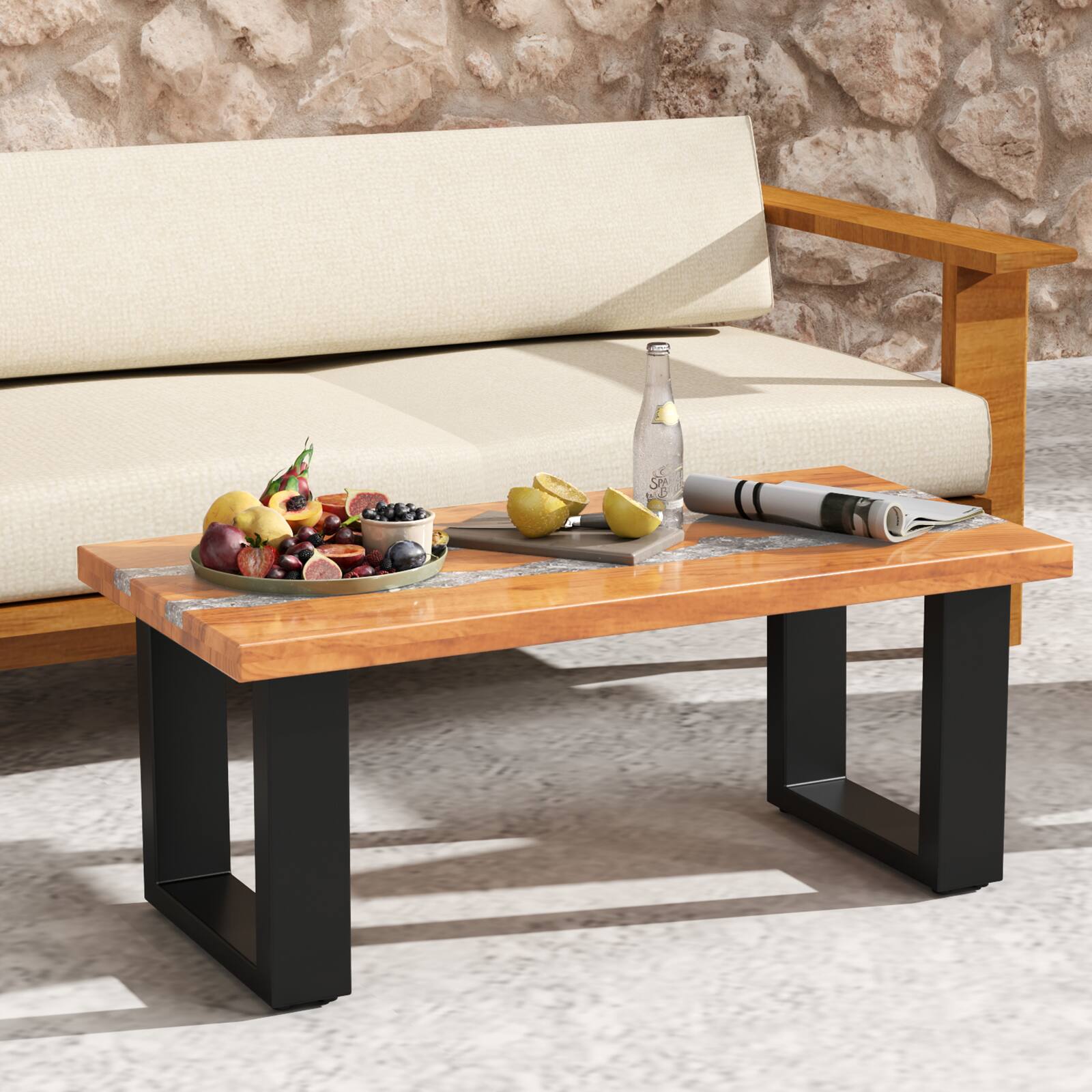 Alt View 9. Ecooso - Teak Wood Coffee Table with River Epoxy Tabletop, Modern Patio or Living Room Design - Natural.