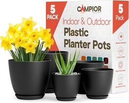 Campior - Plastic Plant Pots Set of 5 – Stackable, Durable, with Drainage, for Indoor & Outdoor Use - Black