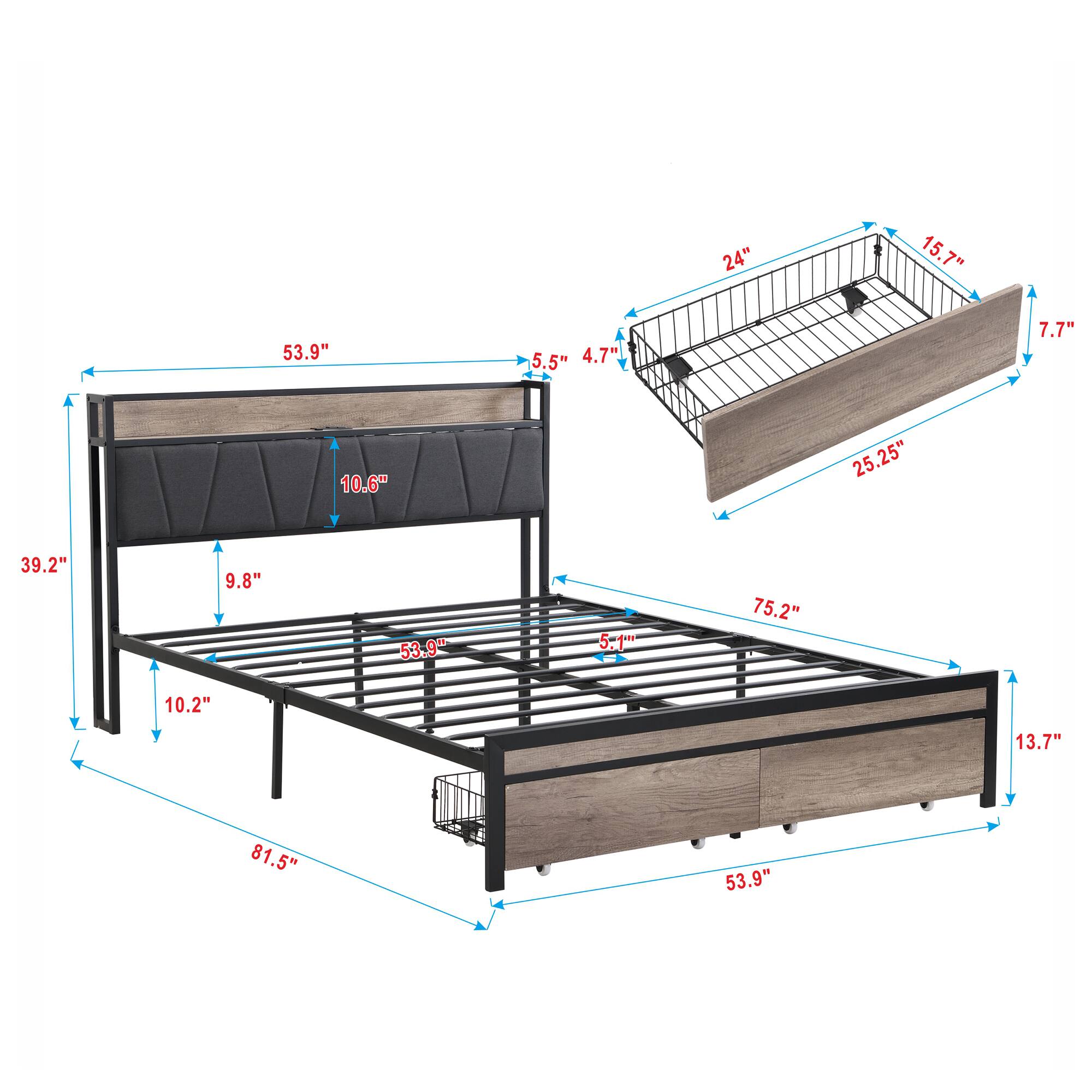 Here is the corrected and grouped text from the image:

- **Dimensions of the Bed:**
  - Length: 81.5"
  - Width: 53.9"
  - Height: 39.2"
  - Height from floor to top of bed: 10.2"
  - Height from floor to top of lower shelf: 9.8"
  - Height of lower shelf: 10.6"
  - Depth of lower shelf: 53.9"
  - Depth of upper shelf: 53.9"
  - Height of upper shelf: 5.1"
  - Height of side rail: 75.2"
  - Height of side rail from floor: 13.7"
  - Width of side rail: 53.9"

- **Dimensions of the Drawer:**
  - Length: 25.25"
  - Width: 24"
  - Height: 13.7"
  - Depth: 7.7"
  - Height of drawer front: 4.7"
  - Width of drawer front: 5"