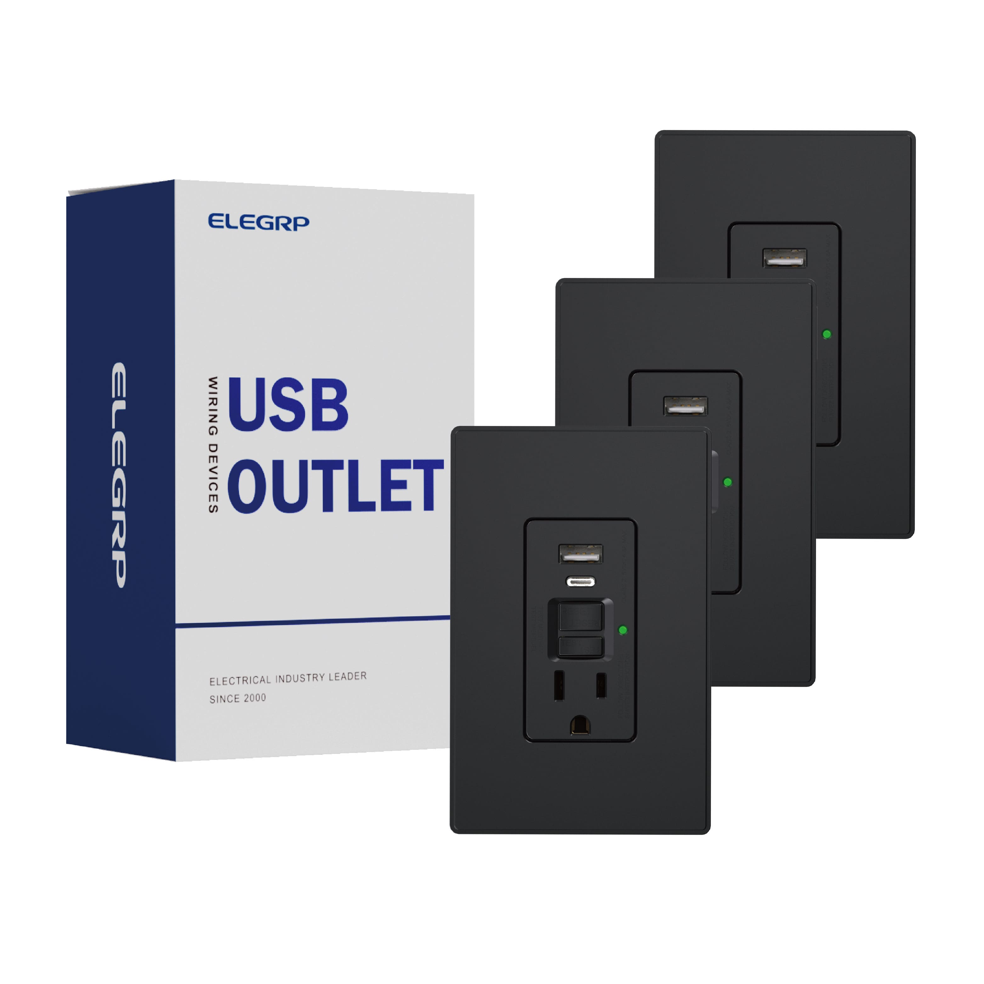 ELEGRP - 15A GFCI Outlet & 24W USB Receptacle Charger, Type C & A, w/Screwless Wall Plate, UL & CUL Listed, 3PC - Black