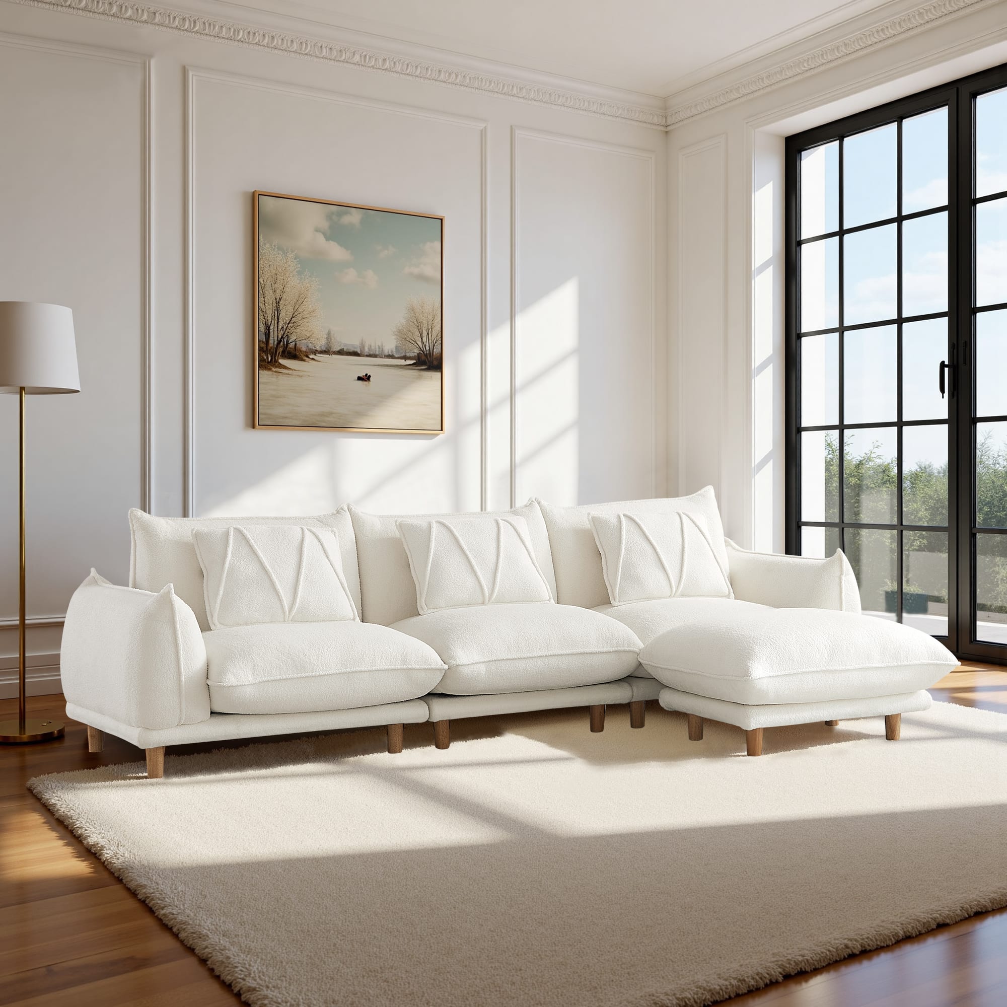 Meqiodas - Modular Sectional Sofa with Ottoman, Modern L-Shaped Couch Cloud Couch with Ottoman & 4.7" High Legs - Beige(3+1)