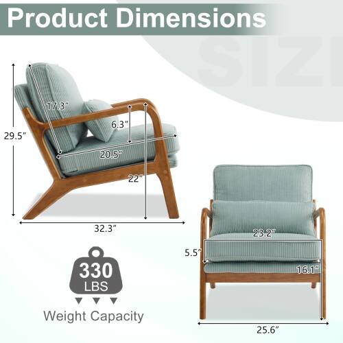 Product Dimensions

- Width: 29.5"
- Depth: 20.5"
- Height: 17.3"
- Armrest Height: 6.3"
- Seat Height: 16.1"
- Seat Depth: 22"
- Overall Height: 32.3"
- Overall Width: 25.6"

Weight Capacity: 330 LBS