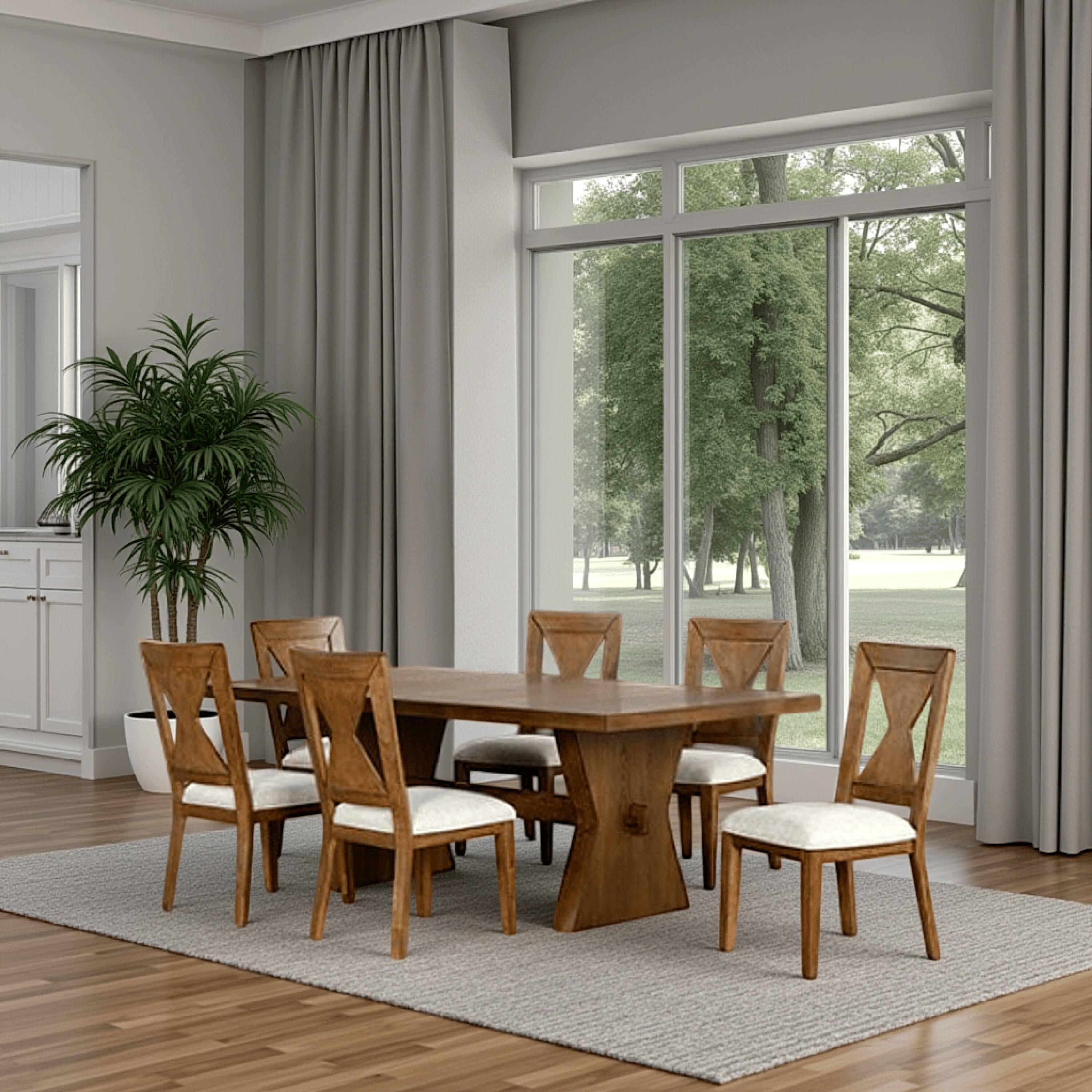 Alt View 5. Manhattan Lane - Zivy 7pc Dining Table Set, Modern Farmhouse Oak Brown, 6 Fabric Chairs - Oak Brown, White.