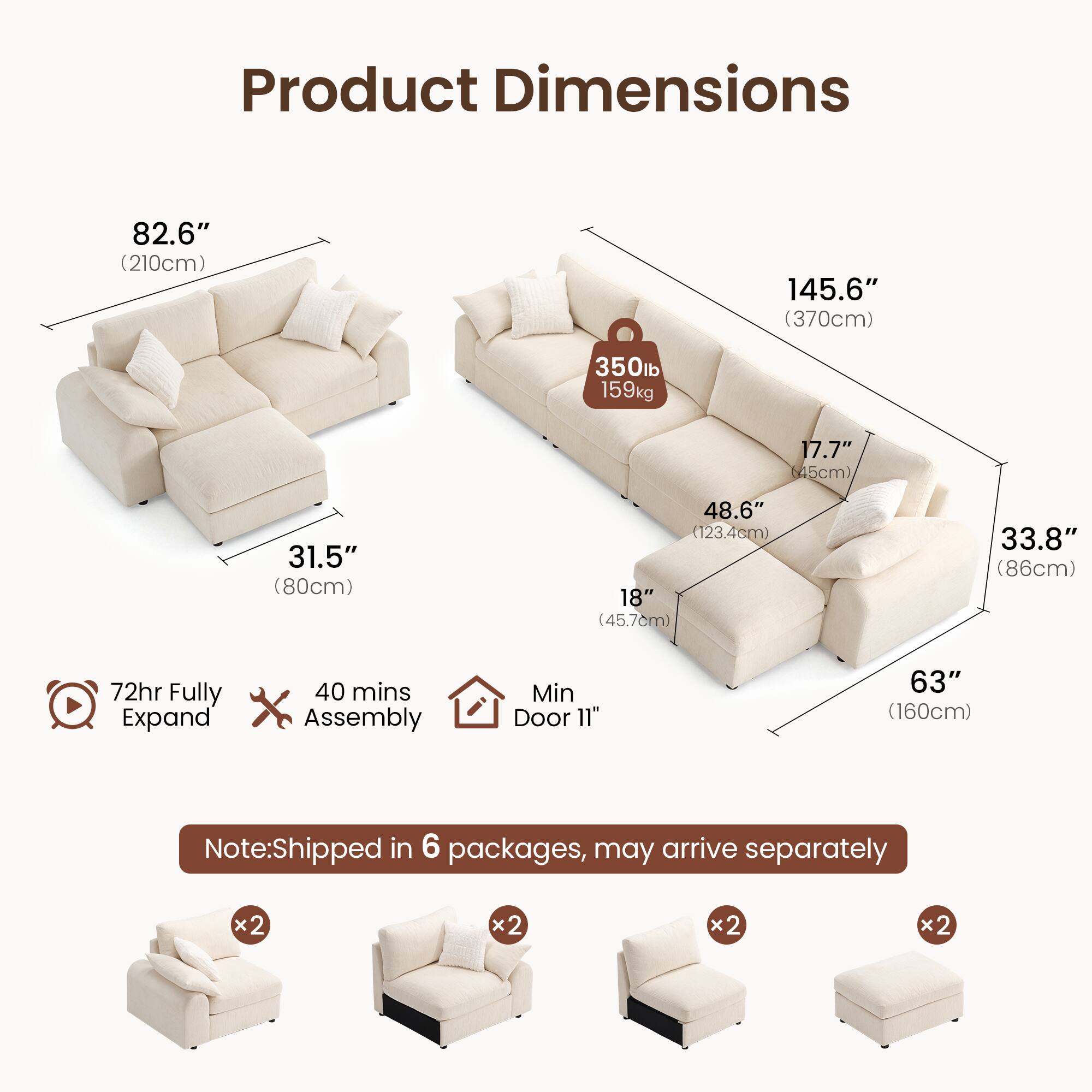 Product Dimensions:  
- 82.6" (210cm)  
- 145.6" (370cm)  
- 350lb (159kg)  
- 17.7" (45cm)  
- 31.5" (80cm)  
- 48.6" (123.4cm)  
- 18" (45.7cm)  
- 33.8" (86cm)  
- 72hr Fully Expand  
- 40 mins Assembly  
- Min Door 11" (28cm)  
- 63" (160cm)  

Note: Shipped in 6 packages, may arrive separately