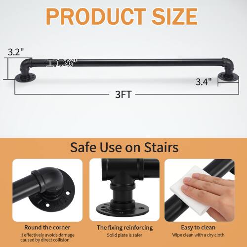 PRODUCT SIZE  
3.2" | 1.26" | 3FT | 3.4"  

Safe Use on Stairs  
Round the corner  
It effectively avoids damage caused by direct collision  

The fixing reinforcing solid plate is safer  

Easy to clean  
Wipe clean with a dry cloth