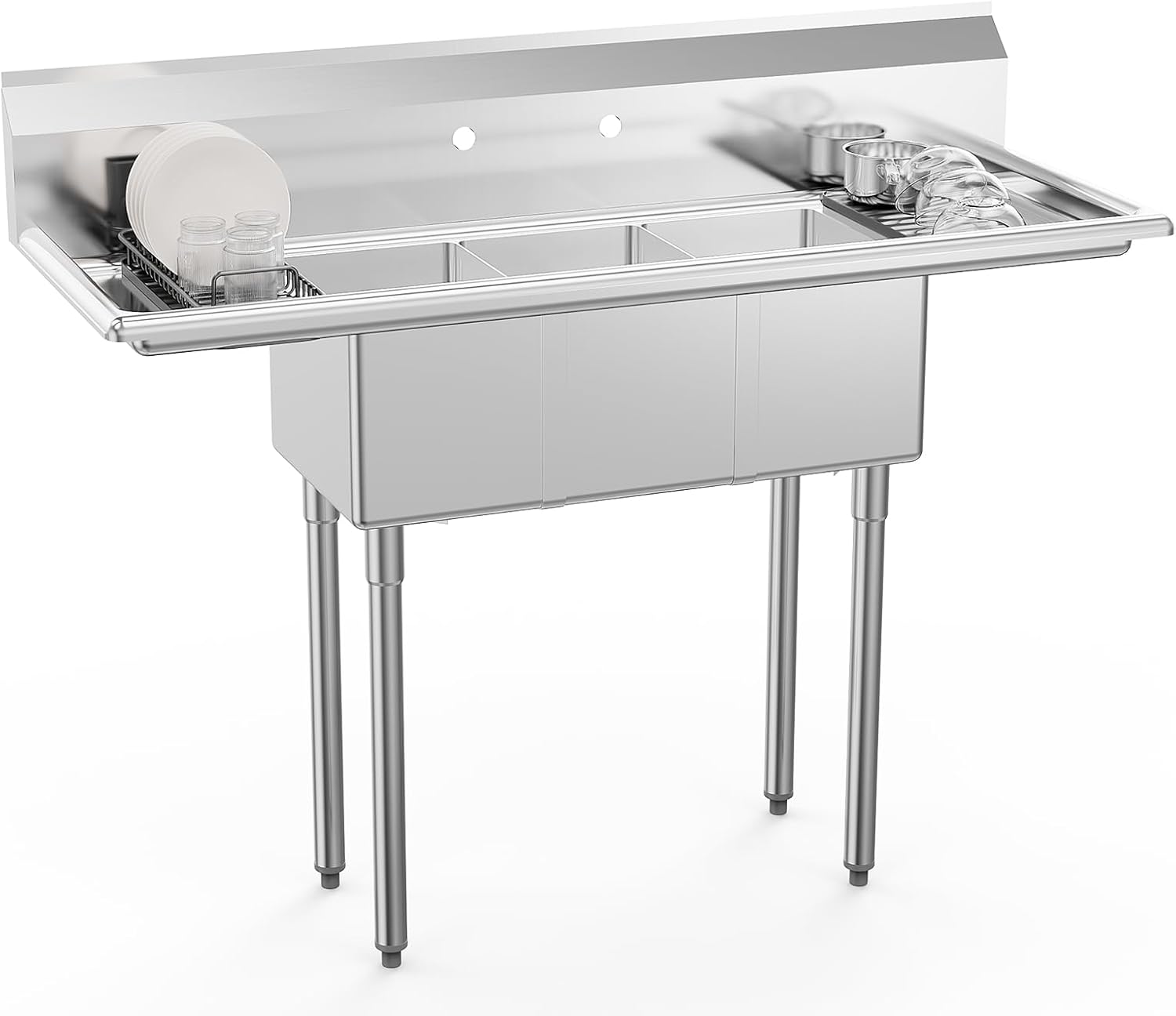 Alt View 5. Winado - 54"L x 20"W x 43.3"H Freestanding Stainless Steel Utility Sink with Left & Right Side Panels & 3 Compartment for Kitchen - Silver.