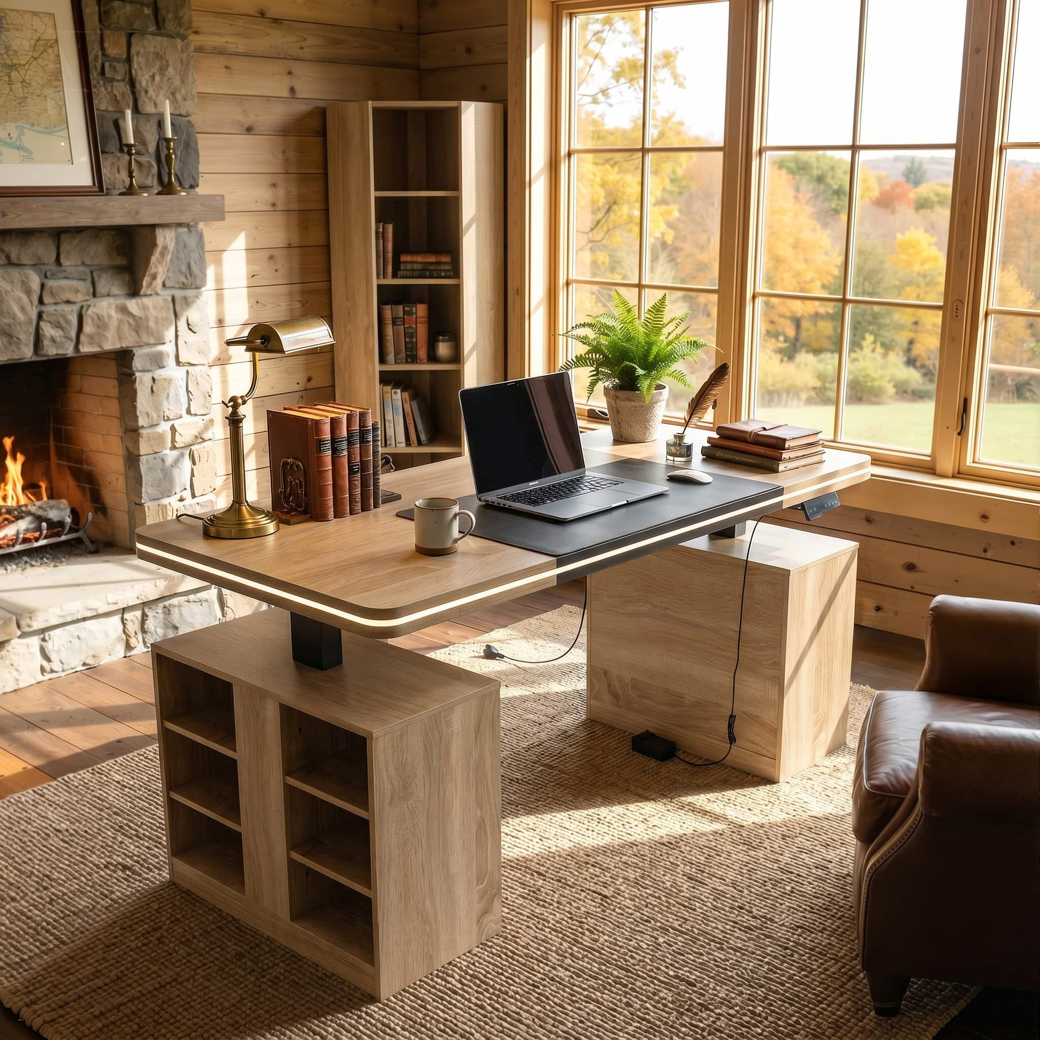 Famapy - Electric Height Adjustable Desk with RGB Light & Dual Storage –Swappable Cabinets,2AC+3USB Outlet,Sit Stand Workstation - Wooden