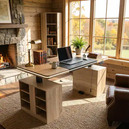 Front. Famapy - Electric Height Adjustable Desk with RGB Light & Dual Storage –Swappable Cabinets,2AC+3USB Outlet,Sit Stand Workstation - Wooden.