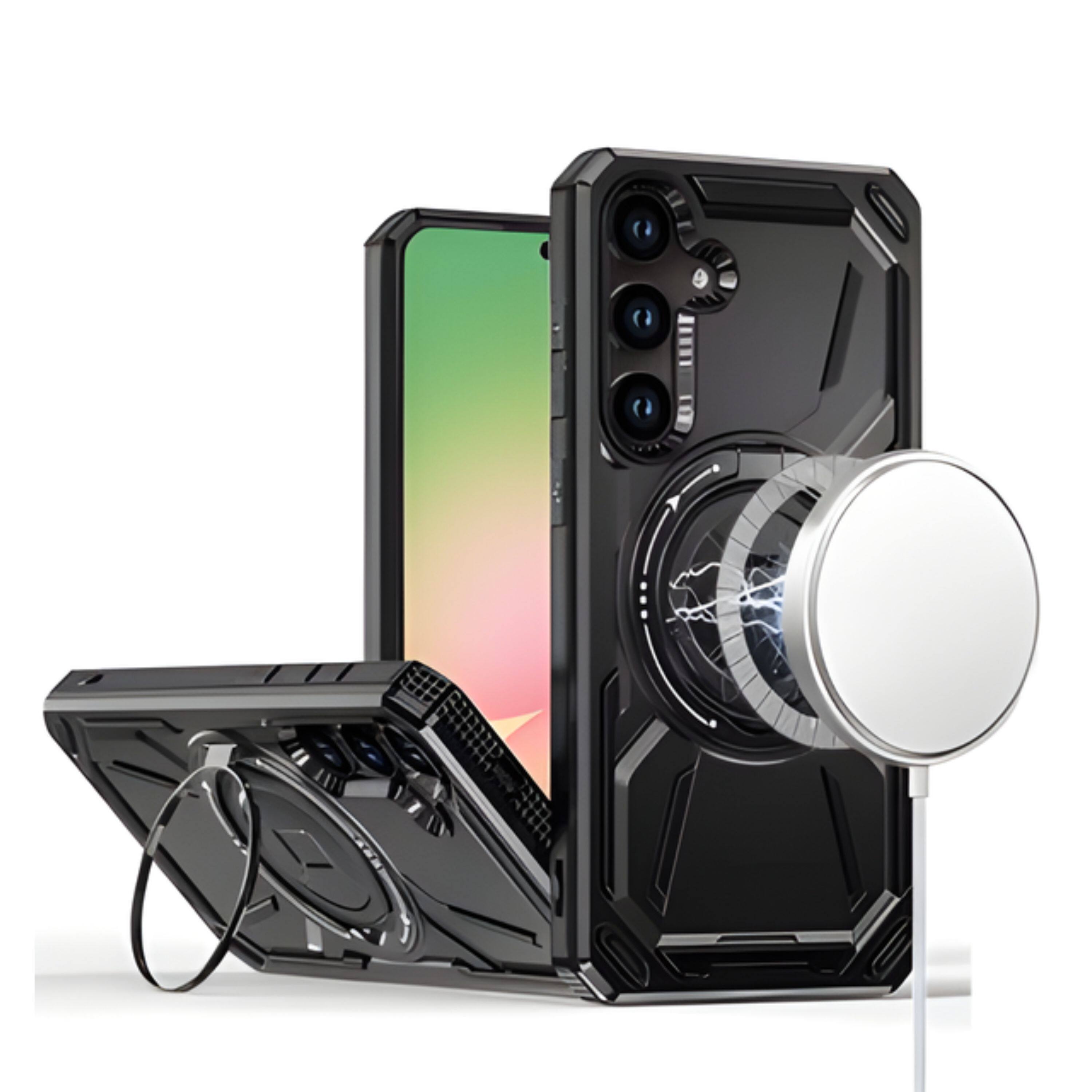 Angle. Kitcheniva - Shockproof Magnetic Circle Metal Stand Rotating Phone Case With Tempered Glass For Samsung Galaxy A57 5G Black - Black.