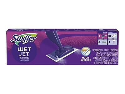 Swiffer WET JET HOPPING KIT TROUSSE DE NETTOYAGE  
1 POWER MOP BALAI PILES  
10 MOPPING PADS COUSSINS  
28.8g  
1 BOTTLE MULTI-SURFACE CLEANER SURFACE 500 ml (1.05 US P CHOP E-UJ 6.5 OZ)  
4 BATTERIES PILES
