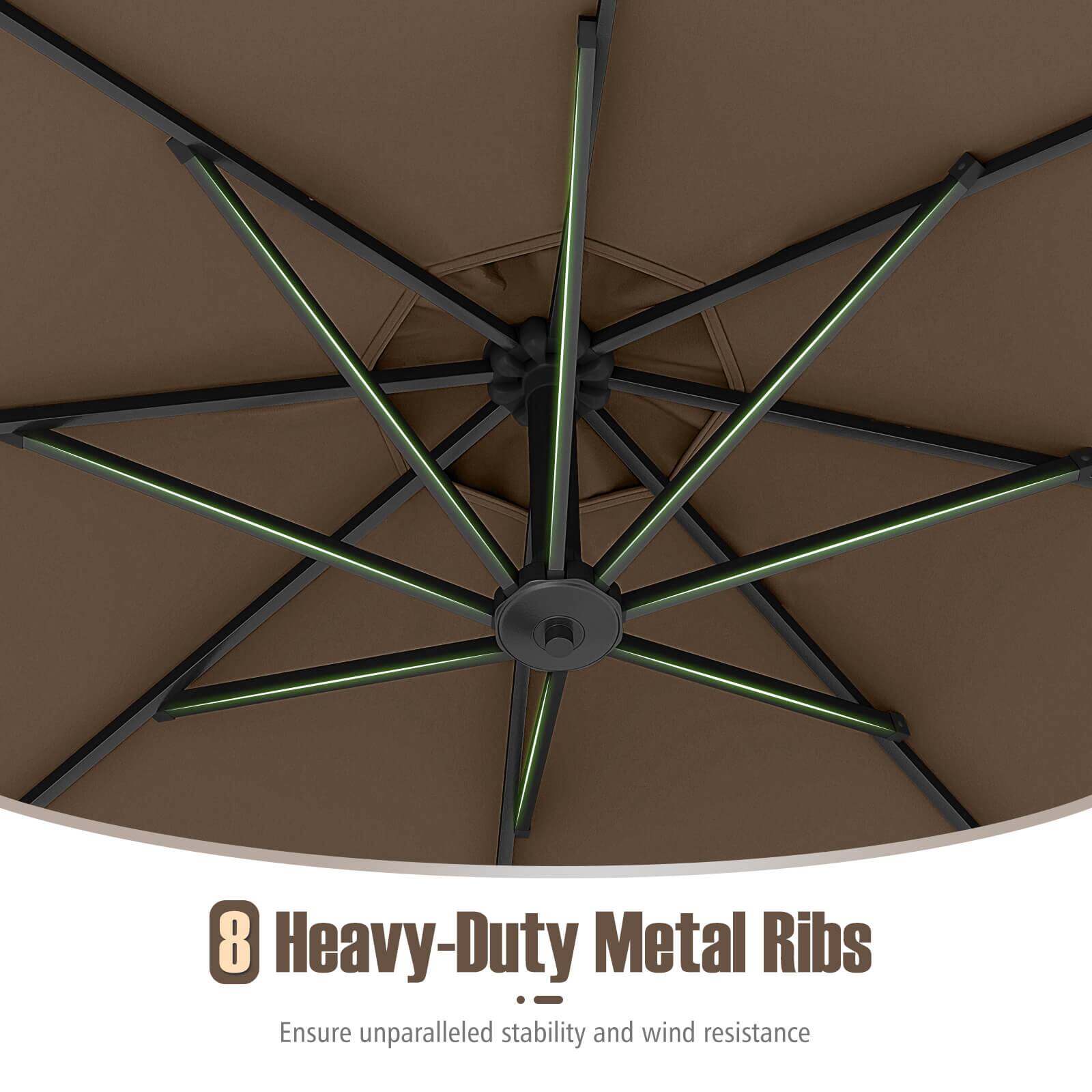 The text on the image reads: "8 Heavy-Duty Metal Ribs ! Ensure unparalleled stability and wind resistance."