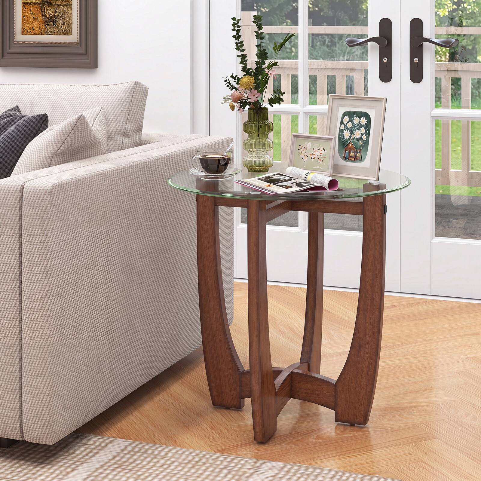 Alt View 4. Gymax - Gymax 23.5'' Round Side Table w/ Glass Tabletop Cross-shaped Solid Rubber Wood Frame Clear Walnut - Brown.