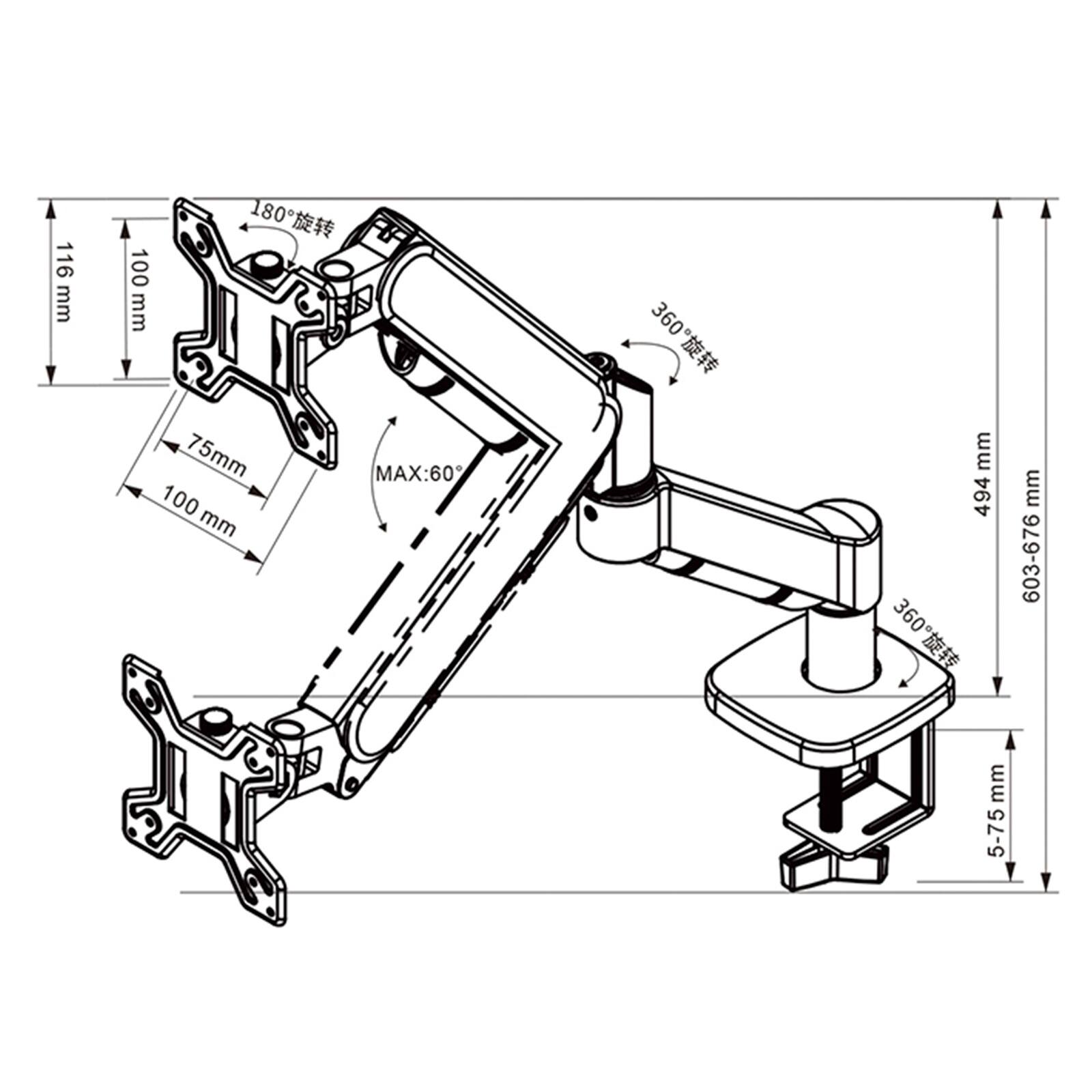 116 mm  
180°  
100 mm  
75 mm  
MAX: 60°  
100 mm  
360°  
360°  
494 mm  
360°  
360°  
603-676 mm  
5-75 mm