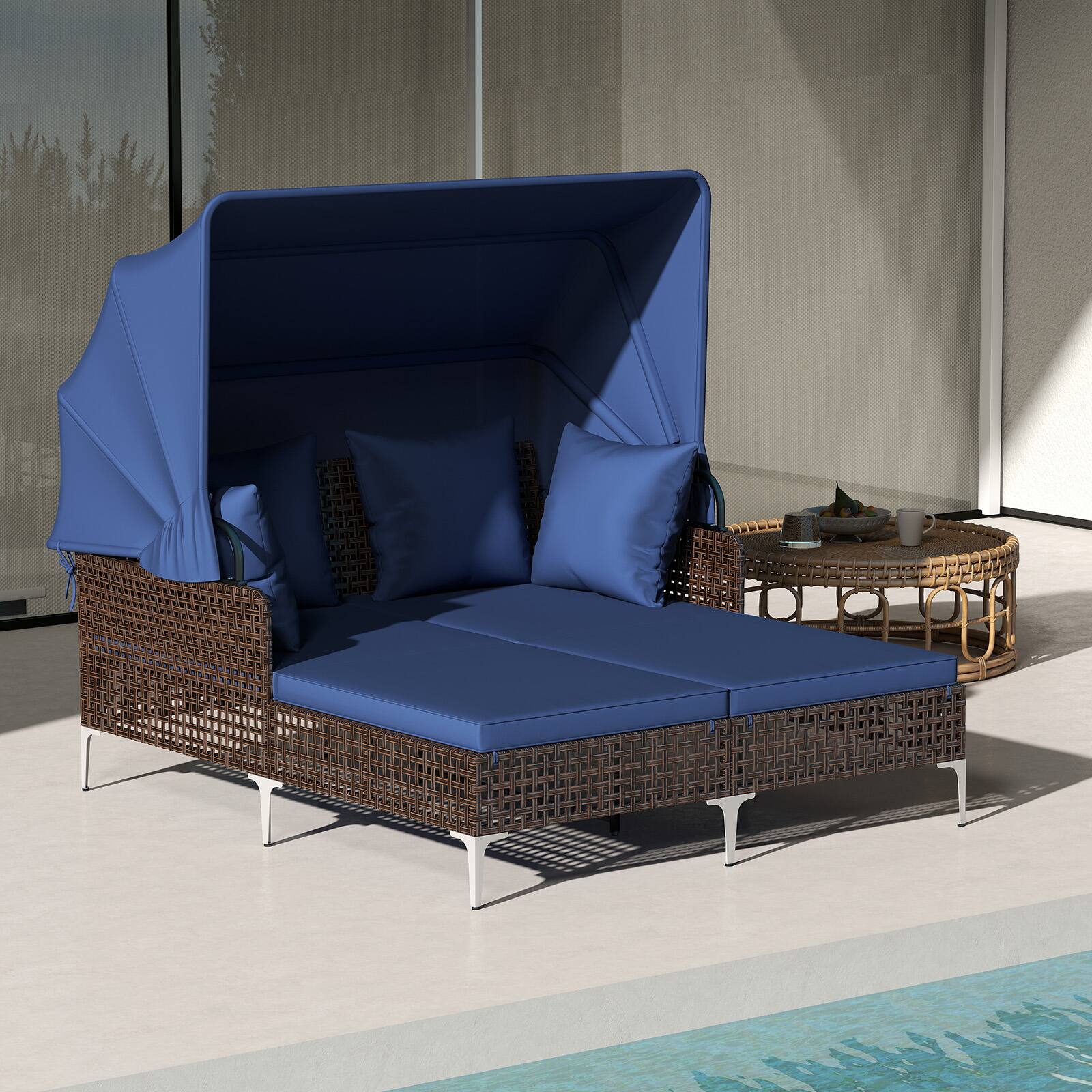 Alt View 1. Gymax - Gymax Outdoor Daybed w/ Retractable Canopy PE Wicker Rattan Patio Double Chaise Lounger Navy - Blue.