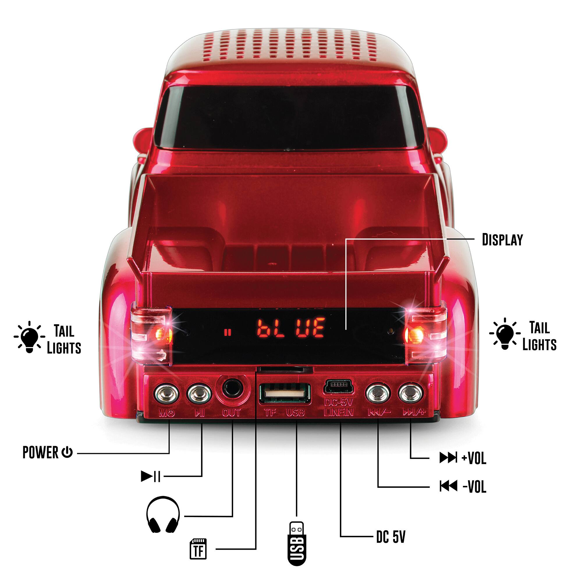 Left. QFX - Retro Truck Portable Bluetooth Speaker with Bass Radiator and LED Lights - Red.