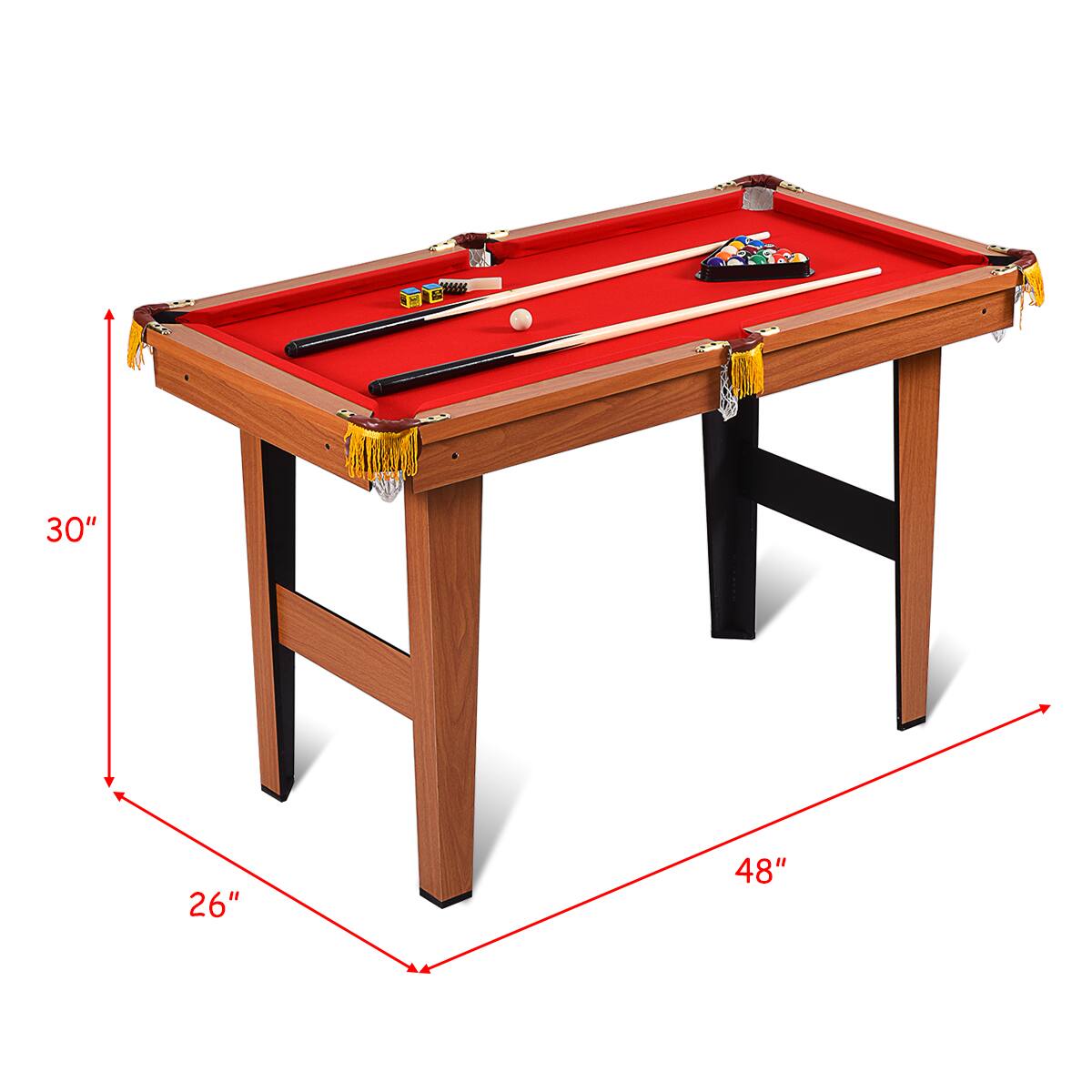 The text on the image reads "Met 19% 03 30" 26" 48". This text is likely a description of the pool table, which is a red pool table with a wooden frame. The dimensions given are 30 inches for the width, 26 inches for the length, and 48 inches for the height. The text also indicates that the table is made of wood and is a pool table.