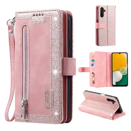 Front. Dteck - Multi-Functional Wallet Case for Samsung Galaxy A57, 9 Card Slots Zipper Pocket Stand Premium Leather Cover+Strap - Rosegold.