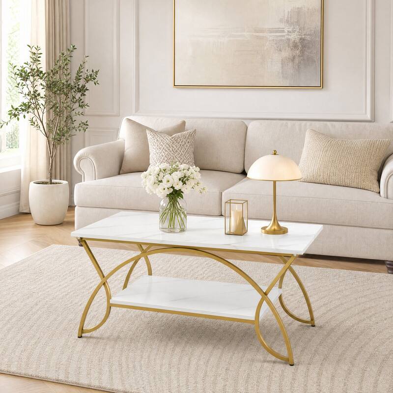 Angle. WELLFOR - 2-Tier Coffee Table with Faux Marble Top and Metal Frame，Center Table Cocktail Tea Table for Living Room - Gold.