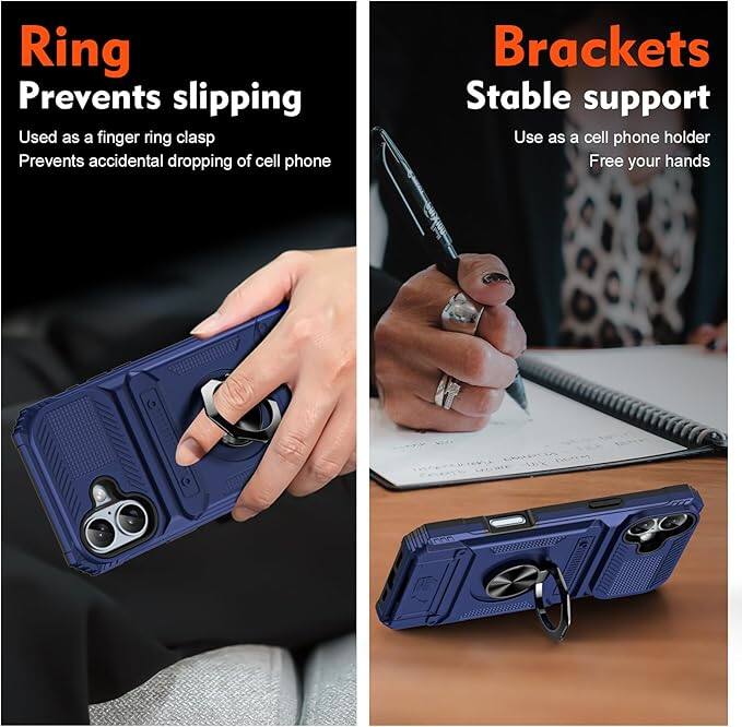 **Ring**  
Prevents slipping  
Used as a finger ring clasp  
Prevents accidental dropping of cell phone  

**Brackets**  
Stable support  
Use as a cell phone holder  
Free your hands