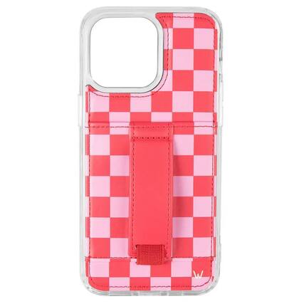 Front. Walli Cases - Raspberry Rush Phone Case with Wallet and Finger Strap for iPhone 15 Pro - Raspberry Rush.