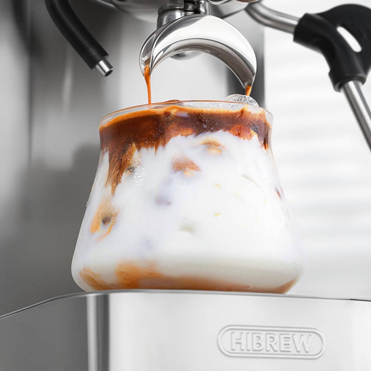 Left. HiBREW - H13 Espresso Machine-Single Serve Programmable Coffee Maker with Milk Forther & Portafilter-Hot & Iced Latte/Americano - Silver.