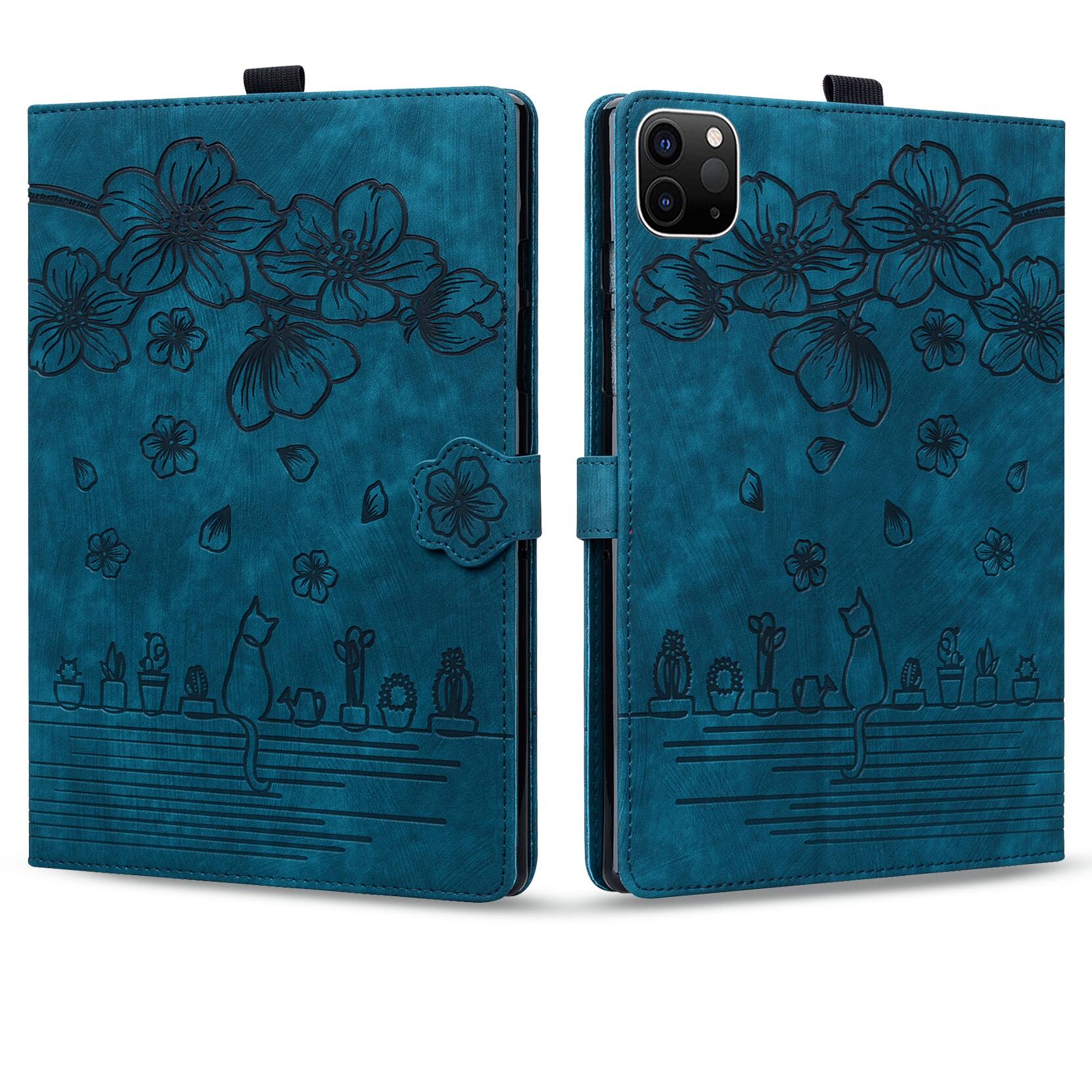 Left. Dteck - For Apple iPad Pro (M4) 13'' 2024/ iPad Pro (M5) 13" 2025 Embossed Flower Pattern Folio Case Card Slots Kickstand Cover - Blue.