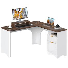 Bestier - 55inch L-Shaped Computer Desk with File Drawer Monitor Stand and Fluted Panels Office Desk - Walnut