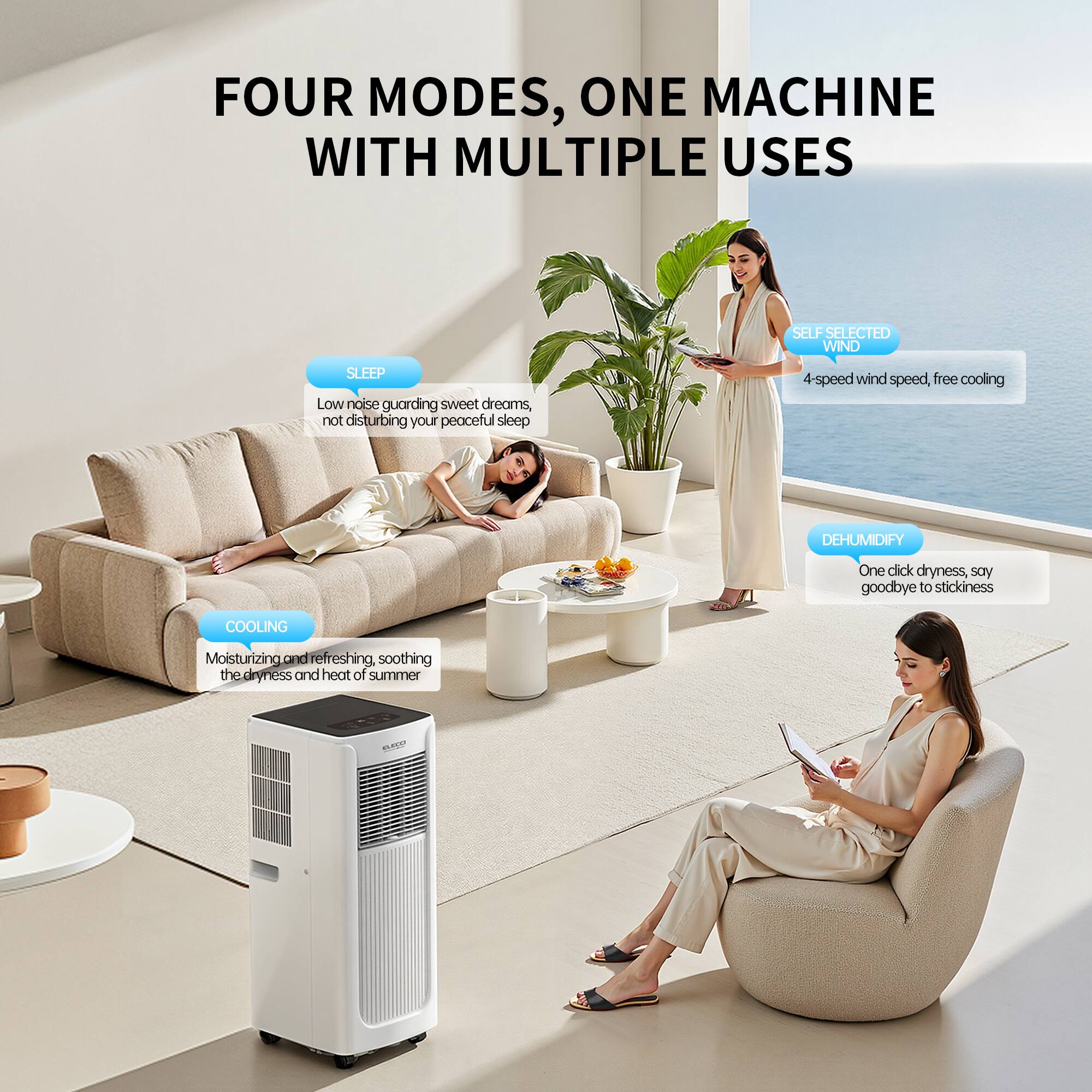FOUR MODES, ONE MACHINE WITH MULTIPLE USES

- SLEEP
  Low noise guarding sweet dreams, not disturbing your peaceful sleep

- SELF SELECTED WIND
  4-speed wind speed, free cooling

- COOLING
  Moisturizing and refreshing, soothing the dryness and heat of summer

- DEHUMIDIFY
  One click dryness, say goodbye to stickiness