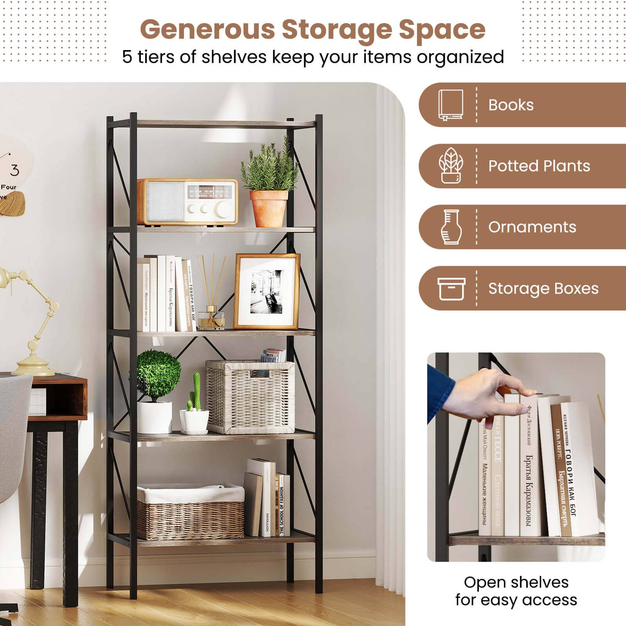 Generous Storage Space: 5 tiers of shelves keep your items organized. Books, potted plants, ornaments, and storage boxes are also included in the storage space. The open shelves provide easy access to your belongings.