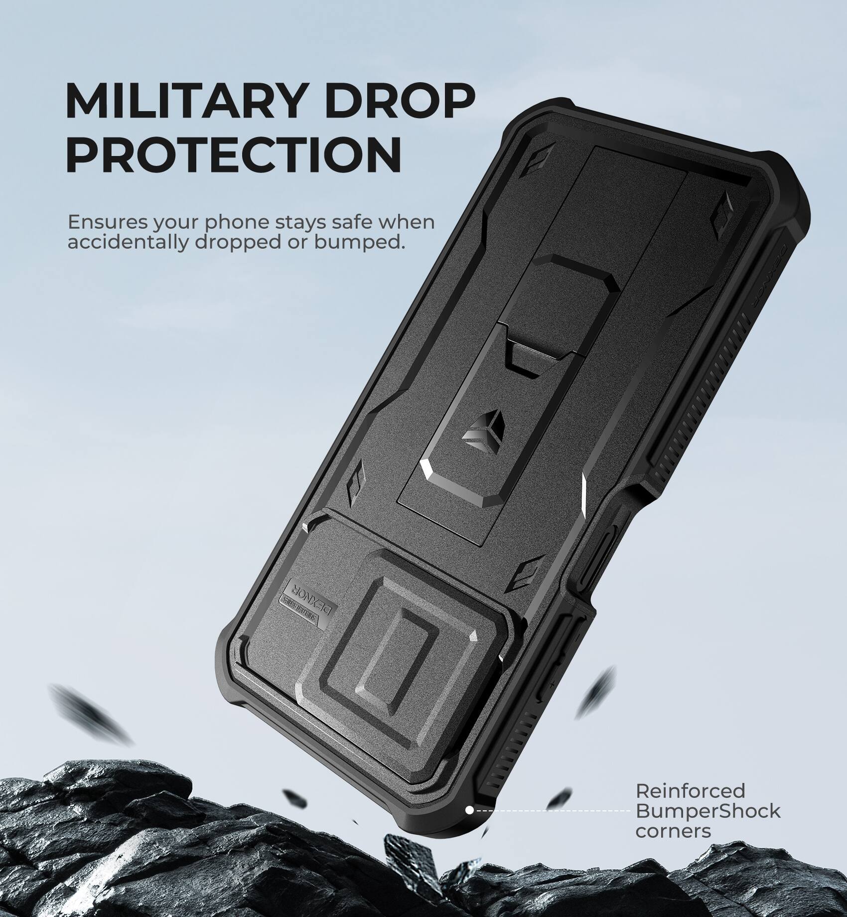 MILITARY DROP PROTECTION  
Ensures your phone stays safe when accidentally dropped or bumped.  

Reinforced BumperShock corners