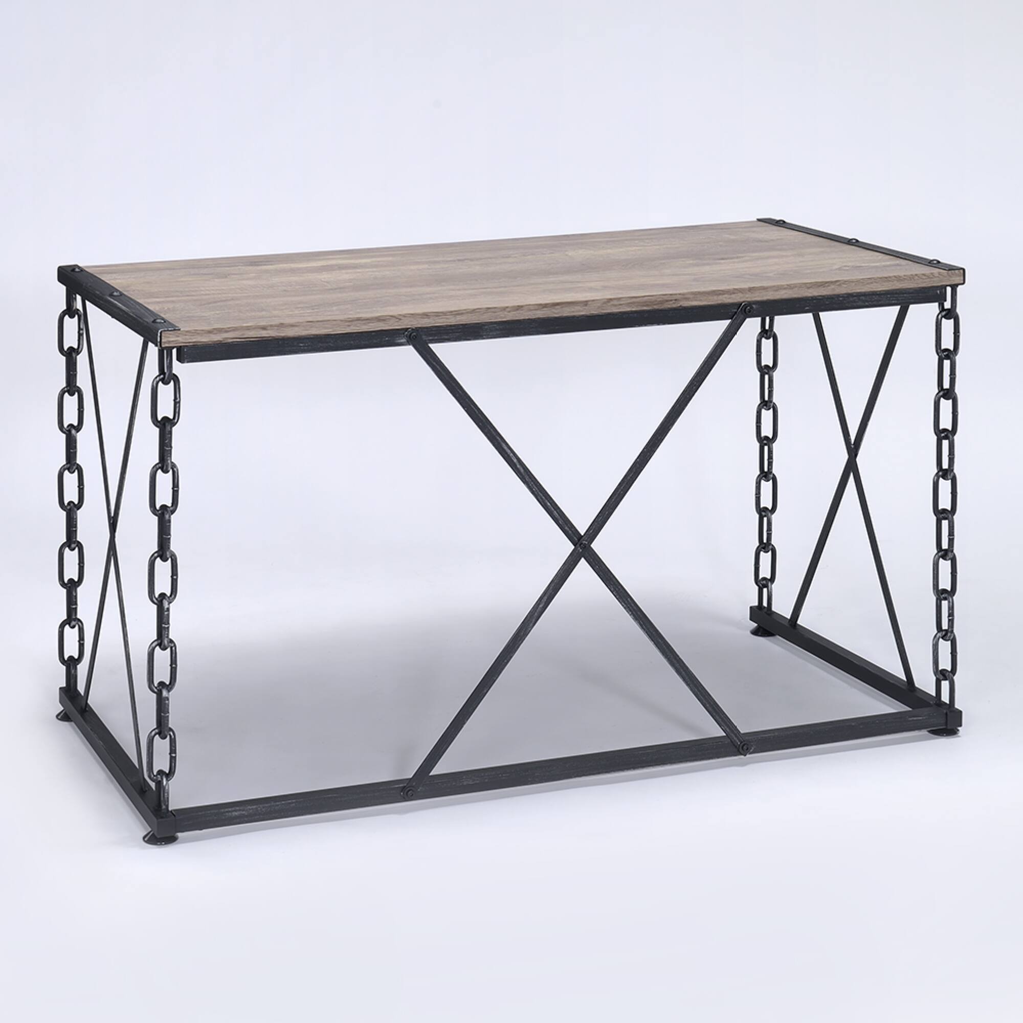 Angle. GOODSILO - Rustic Writing Desk with Oak Finish Top and Antique Black Metal Legs for Entryway or Living Room Decor - Black+Oak.