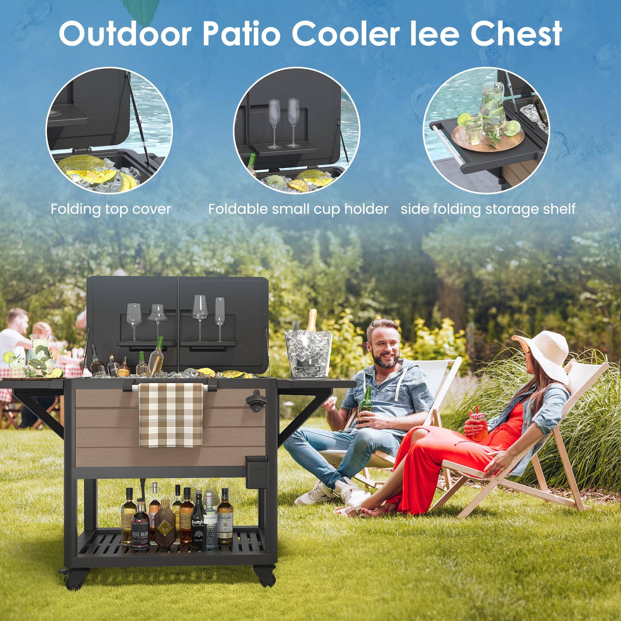 Outdoor Patio Cooler Lee Chest

- Folding top cover
- Foldable small cup holder
- Side folding storage shelf