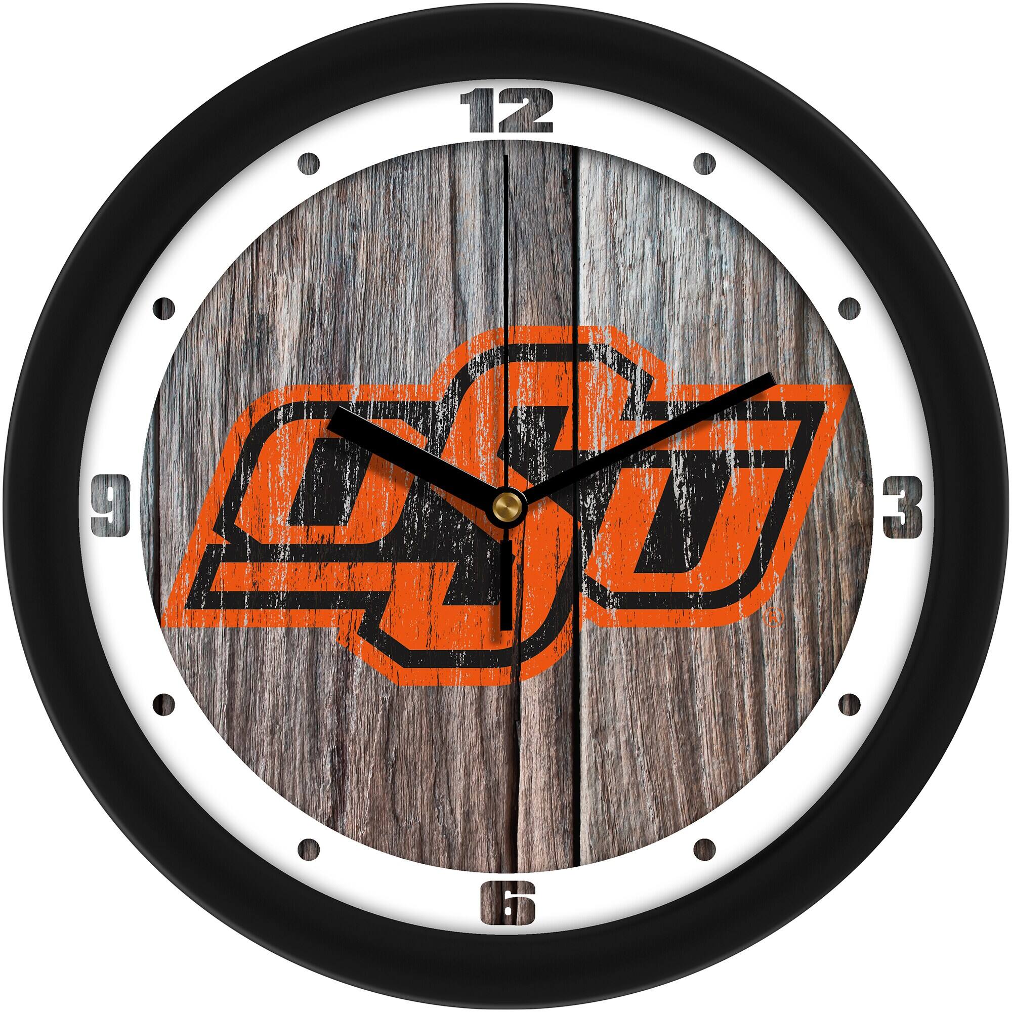 Front. MpDirect - Oklahoma State Cowboys 11.5'' Suntime Premium Glass Face Weathered Wood Wall Clock - Multicolor.