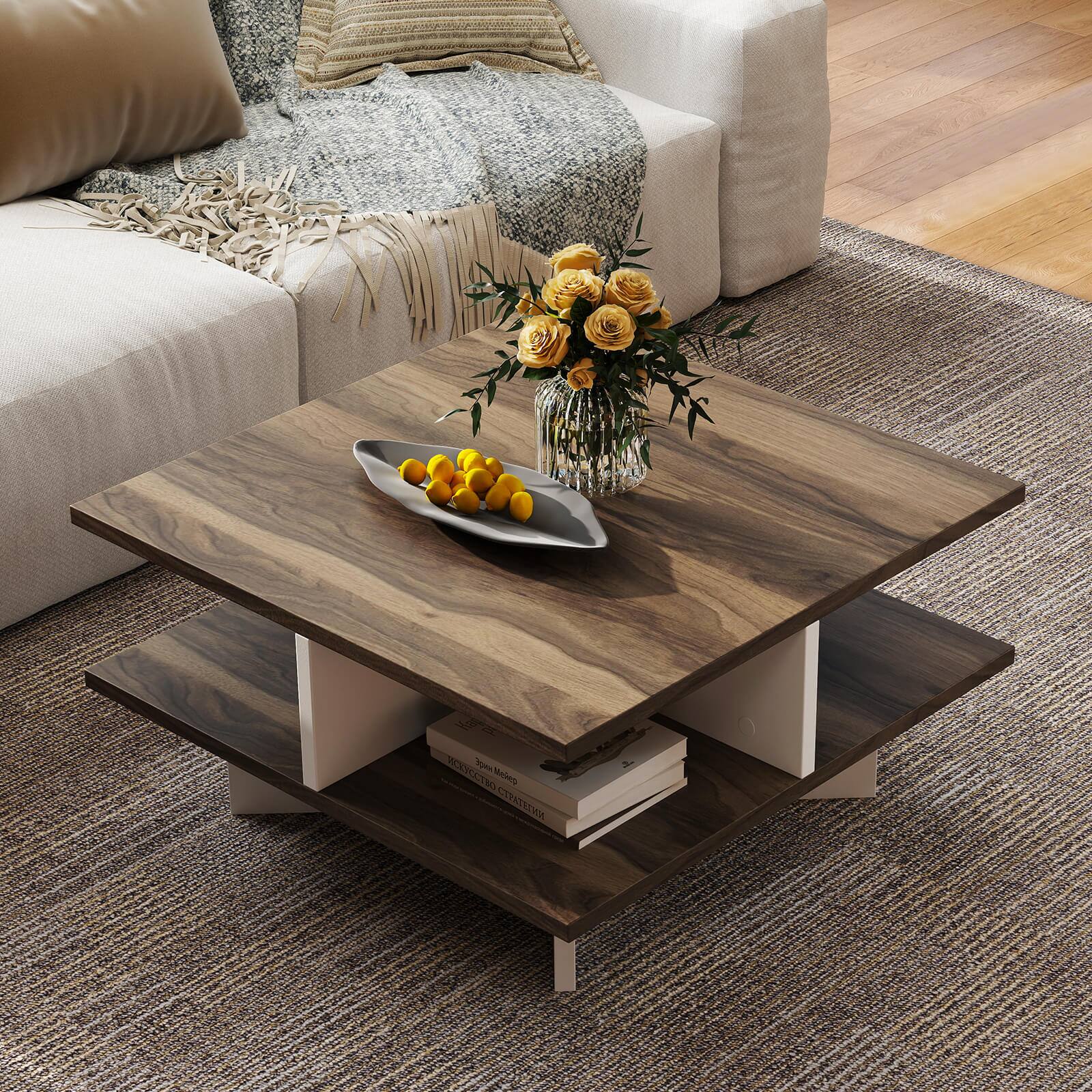 Costway 2 Tier Coffee Table Farmhouse Modern Center Table for Living Room  Walnut+White TGCA0920 - Best Buy, image size:900x900