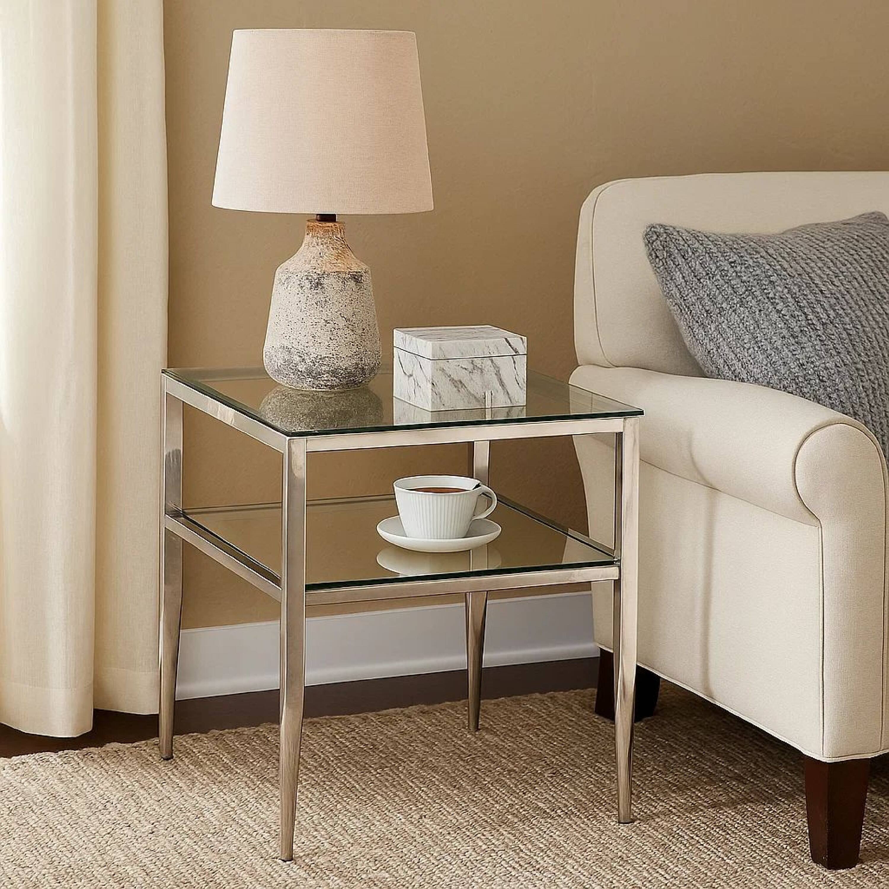 Alt View 7. Manhattan Lane - Metal Square End Table, Glass Top, Open Shelf - Chrome.