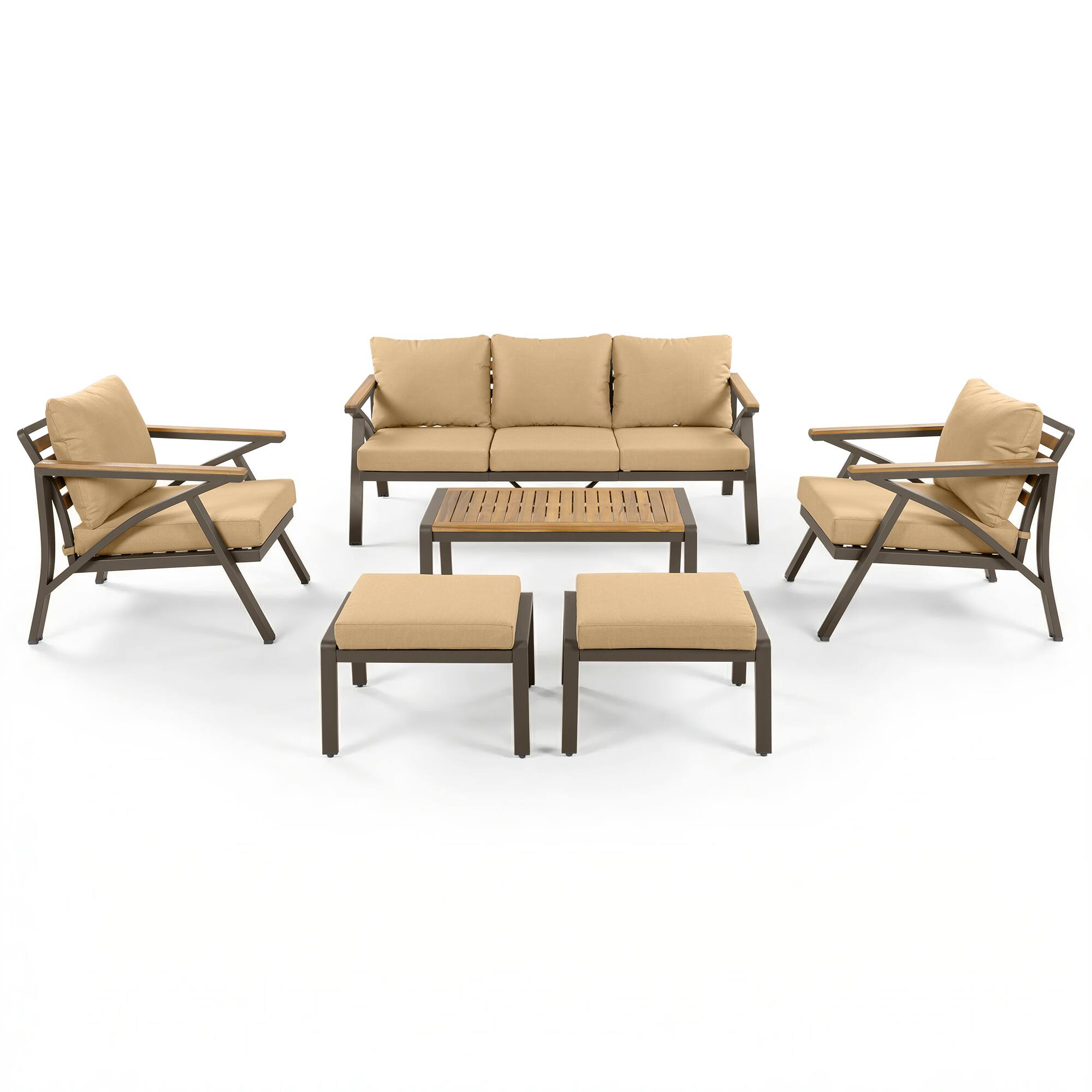 Back. Whisen - 6-Piece Outdoor Patio Furniture Set with Acacia Wood Table, Steel Sofa, Armchairs & Ottomans for Garden - Brown.