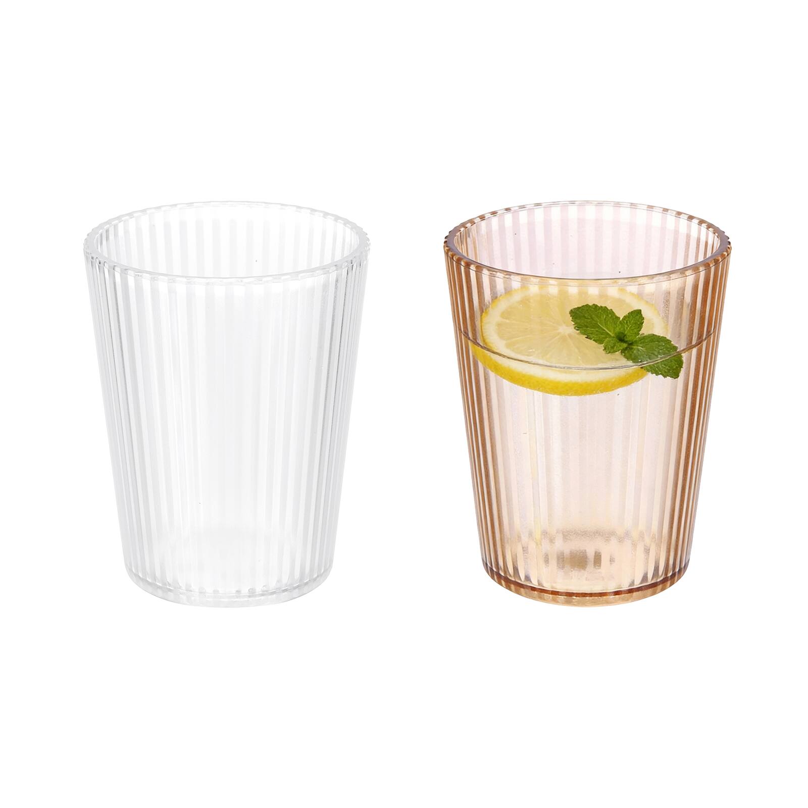 Front. Unique Bargains - 2pcs Clear Acrylic Drinking Glasses, 5.4oz Stripe Texture Unbreakable Stackable for Water Juice Beer - Transparent/Brown.