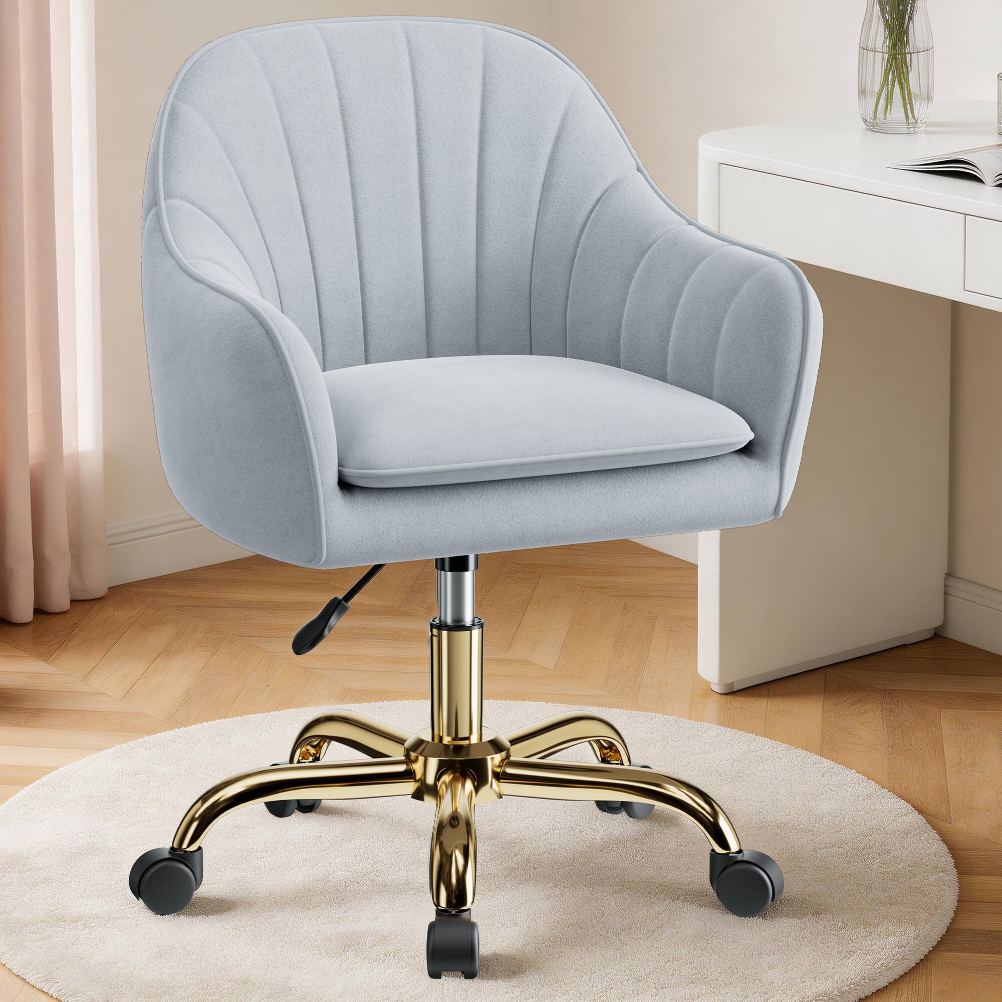 Alt View 4. KERDOM - Upholstered Velvet Vanity Chair with Back & Wheels, Swivel Rolling Home Office Chair, Padded Dresser Chair Makeup Room - Gray.