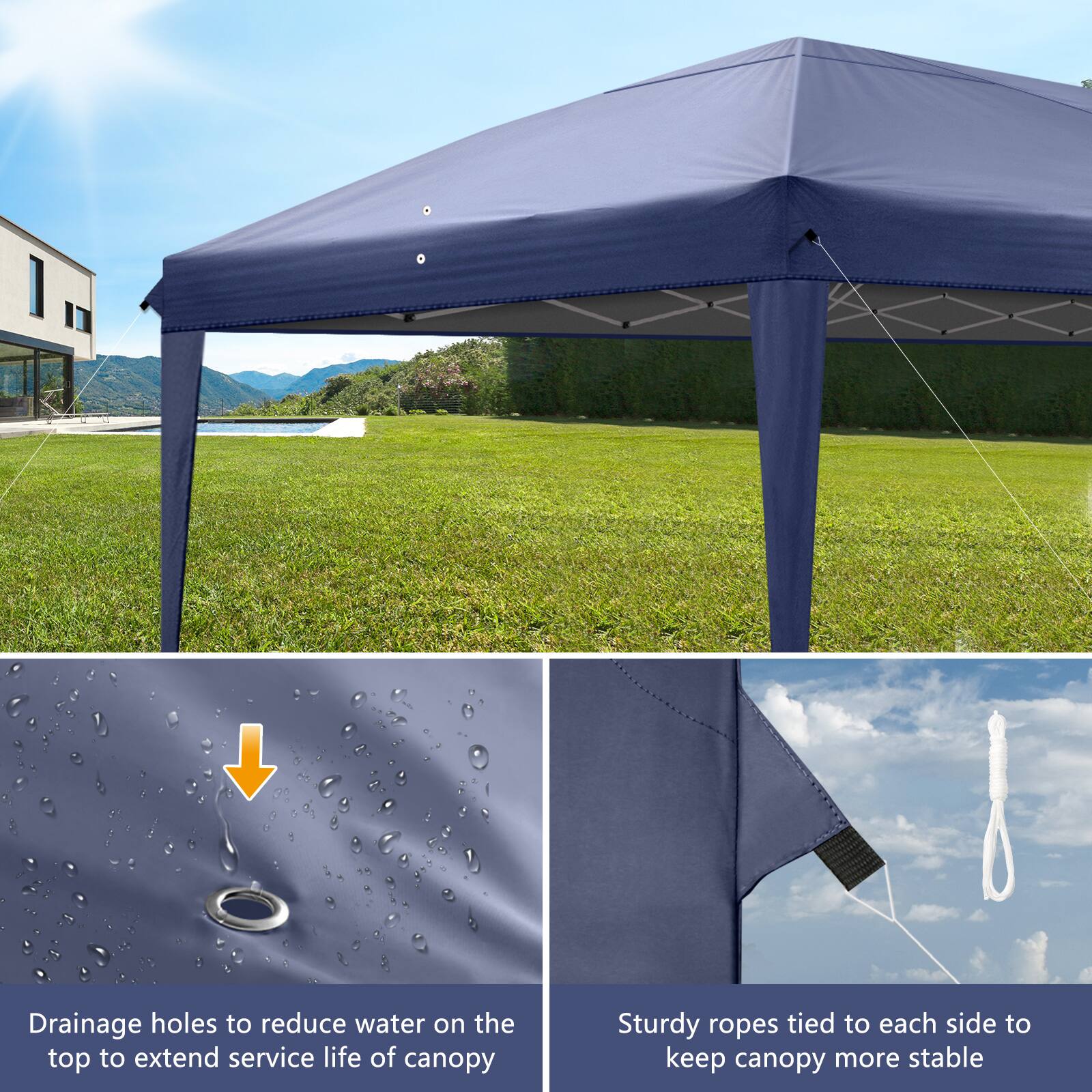 - Drainage holes to reduce water on the top to extend service life of canopy
- Sturdy ropes tied to each side to keep canopy more stable