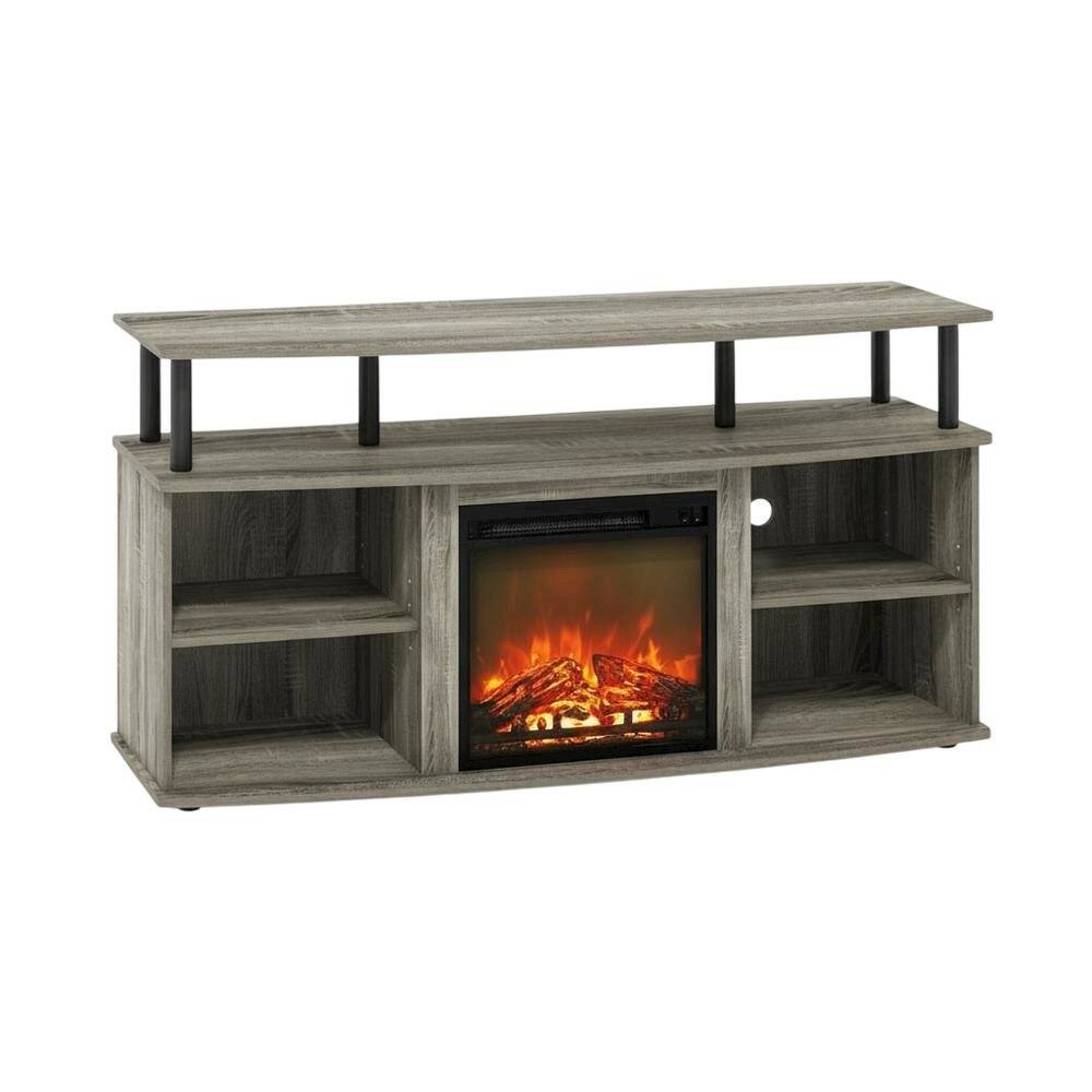 Alt View 3. FurniFact - Gray open shelving TV stand, 55-inch displays, solid rubberwood - Gray.