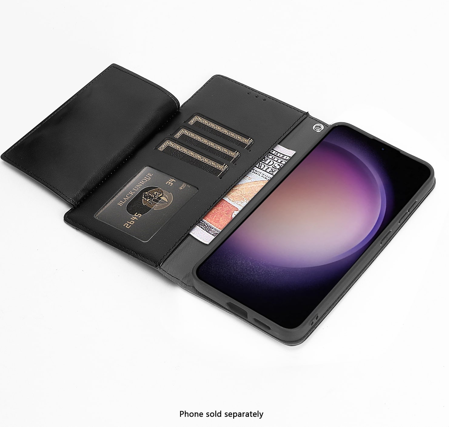 The image features a black wallet with a phone case inside. The wallet is open, revealing the phone case and a card. The wallet is described as being black and unique, and the phone case is also black. The phone case is designed for a specific model of phone, which is not included in the image.