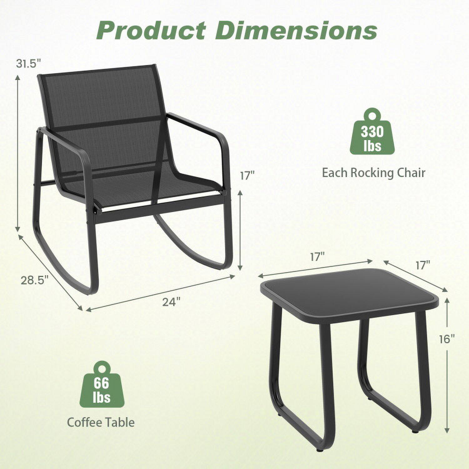 Product Dimensions

Each Rocking Chair: 31.5" x 28.5" x 24" x 17" (330 lbs)

Coffee Table: 17" x 17" x 16" (66 lbs)