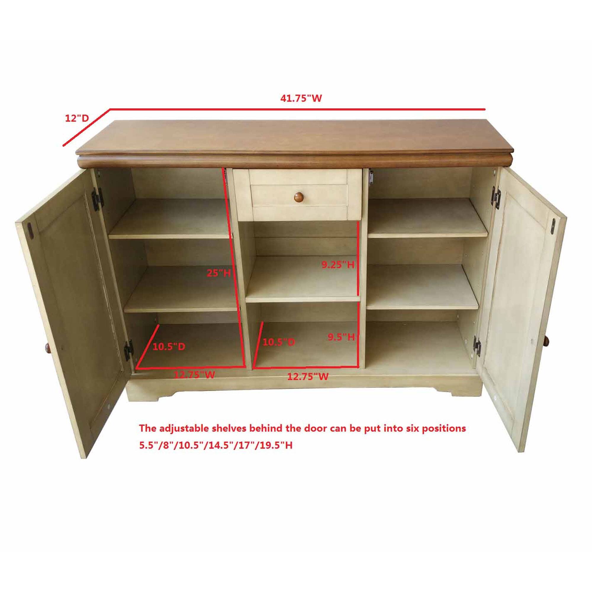 The dimensions of the desk are as follows:

- Width: 75"
- Depth: 12"
- Height: 25"

The dimensions of the shelves are:

- Depth: 10.5"
- Height: 9.5"

The adjustable shelves behind the door can be put into six positions:

- 5.5"
- 8"
- 10.5"
- 14.5"
- 17"
- 19.5"