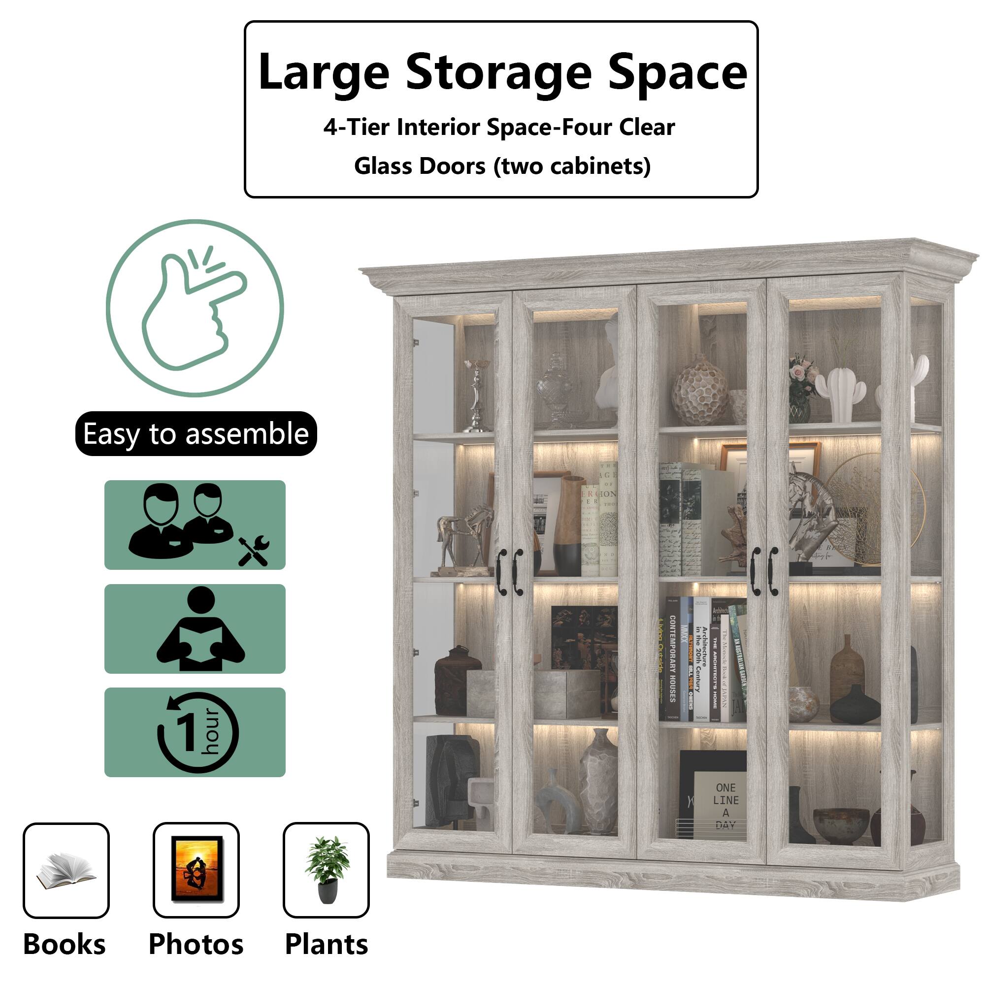 Large Storage Space 4-Tier Interior Space-Four Clear Glass Doors (two cabinets) Easy to assemble 1 hour Books Photos Plants